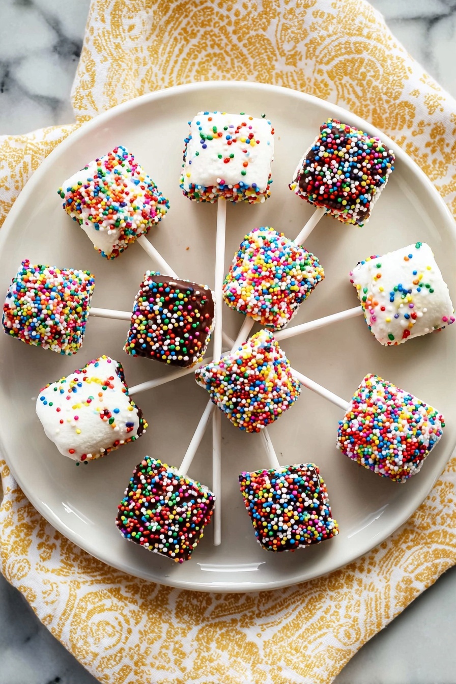 A white round plate with twelve small square marshmallows on white sticks arranged like a circle, each marshmallow fully covered in colorful sprinkles; half are coated with white icing and topped with mixed round and cylindrical sprinkles in bright colors like red, blue, yellow, green, and orange, while the other half are coated with chocolate and covered with tiny round multicolored sprinkles. The plate sits on a light yellow and white patterned cloth over a white marbled surface. Photo taken with an iphone --ar 2:3 --v 7 - Chocolate Marshmallow Pops, chocolate marshmallow treats, easy marshmallow pops, kid-friendly dessert ideas, festive chocolate pops