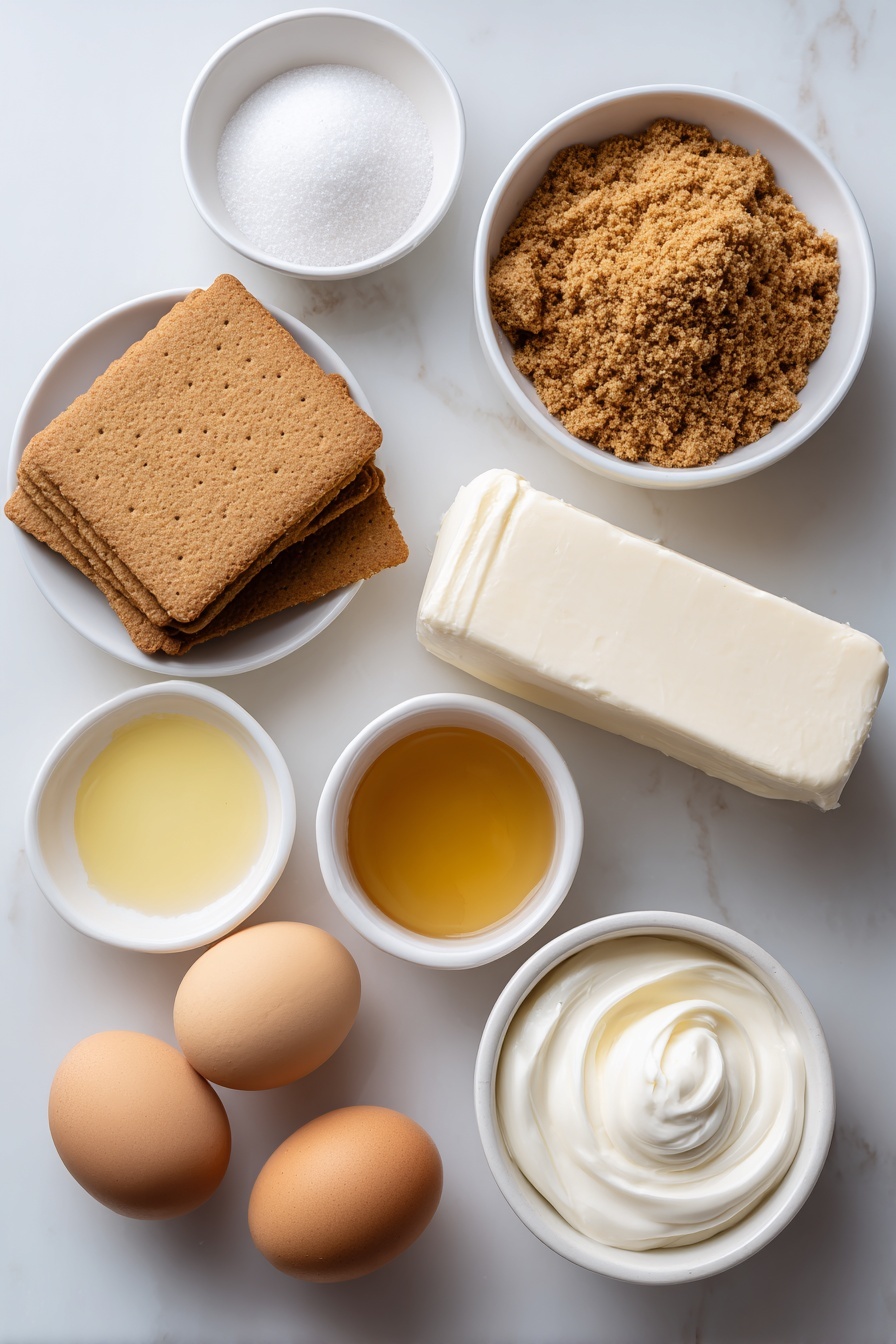 Flat lay of a small pile of whole graham cracker sheets, a small white ceramic bowl filled with light brown graham cracker crumbs, a small white ceramic bowl with granulated white sugar, a small white ceramic bowl holding melted golden butter, a large block of creamy white full-fat brick cream cheese, a small white ceramic bowl containing smooth pale sour cream, a small white ceramic bowl with clear freshly squeezed lemon juice, two large whole uncracked brown eggs, and a small white ceramic bowl with clear vanilla extract placed on a clean white marble surface, soft natural light, photo taken with an iPhone, professional food photography style, fresh ingredients, white ceramic bowls, no bottles, no duplicates, no utensils, no packaging --ar 2:3 --v 7 --p m7354615311229779997 - Mini Cheesecakes in Muffin Pan, mini cheesecake recipes, easy cheesecake ideas, individual cheesecakes, bite-sized desserts