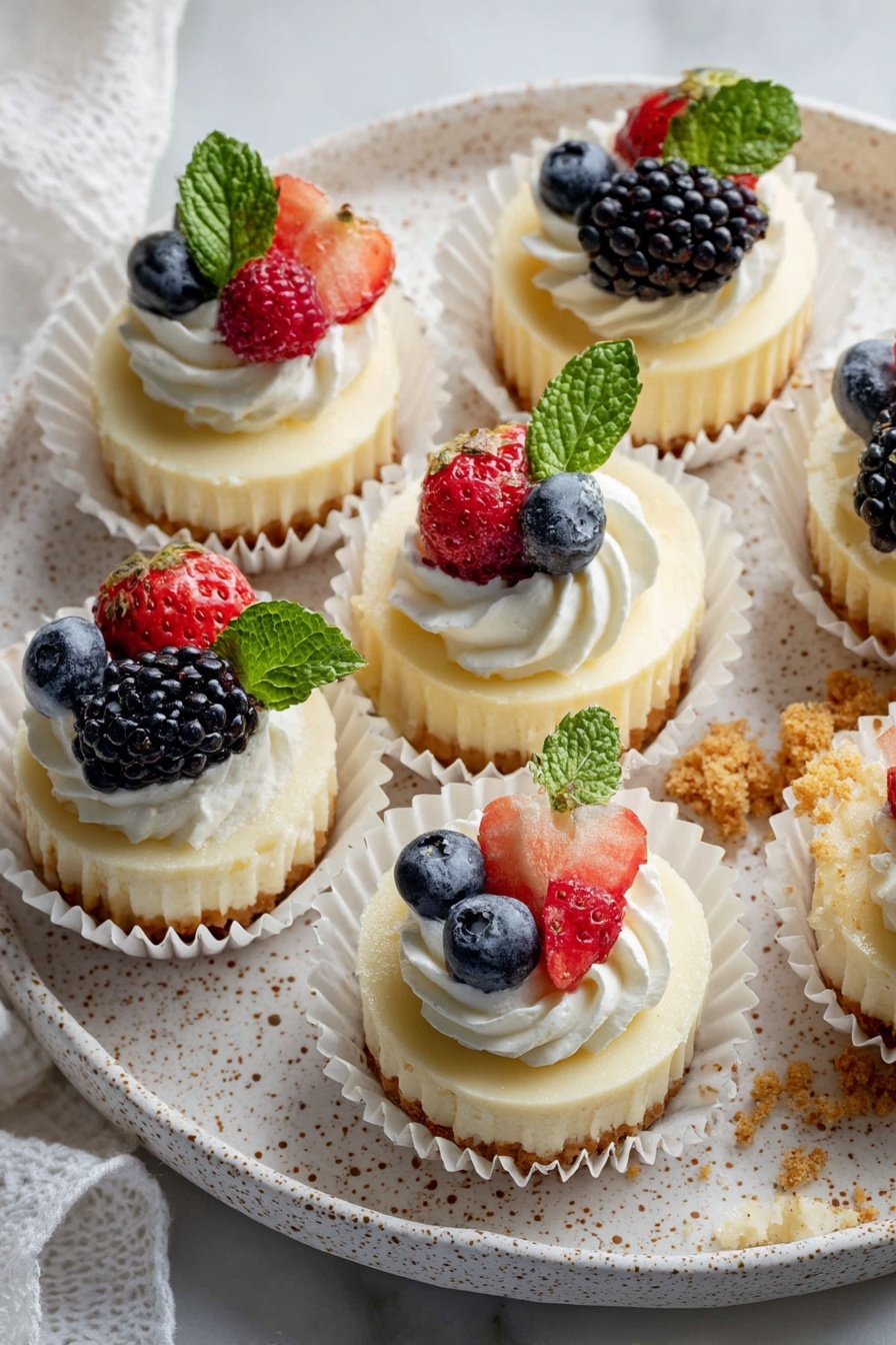 The image shows several small cheesecakes in white paper cups arranged on a white speckled ceramic plate with a patterned edge, all placed on a white marbled surface. Each cheesecake has two layers: a smooth pale yellow crust at the bottom and a creamy white topping swirled with whipped cream. The cheesecakes are decorated with fresh fruits such as whole strawberries, blueberries, blackberries, and a raspberry, each topped with a small sprig of bright green mint. One cheesecake is unwrapped, exposing the layers and crumbs around it. The lighting is soft, highlighting the textures and natural colors of the fruits and cream. photo taken with an iphone --ar 2:3 --v 7 - Mini Cheesecakes in Muffin Pan, mini cheesecake recipes, easy cheesecake ideas, individual cheesecakes, bite-sized desserts
