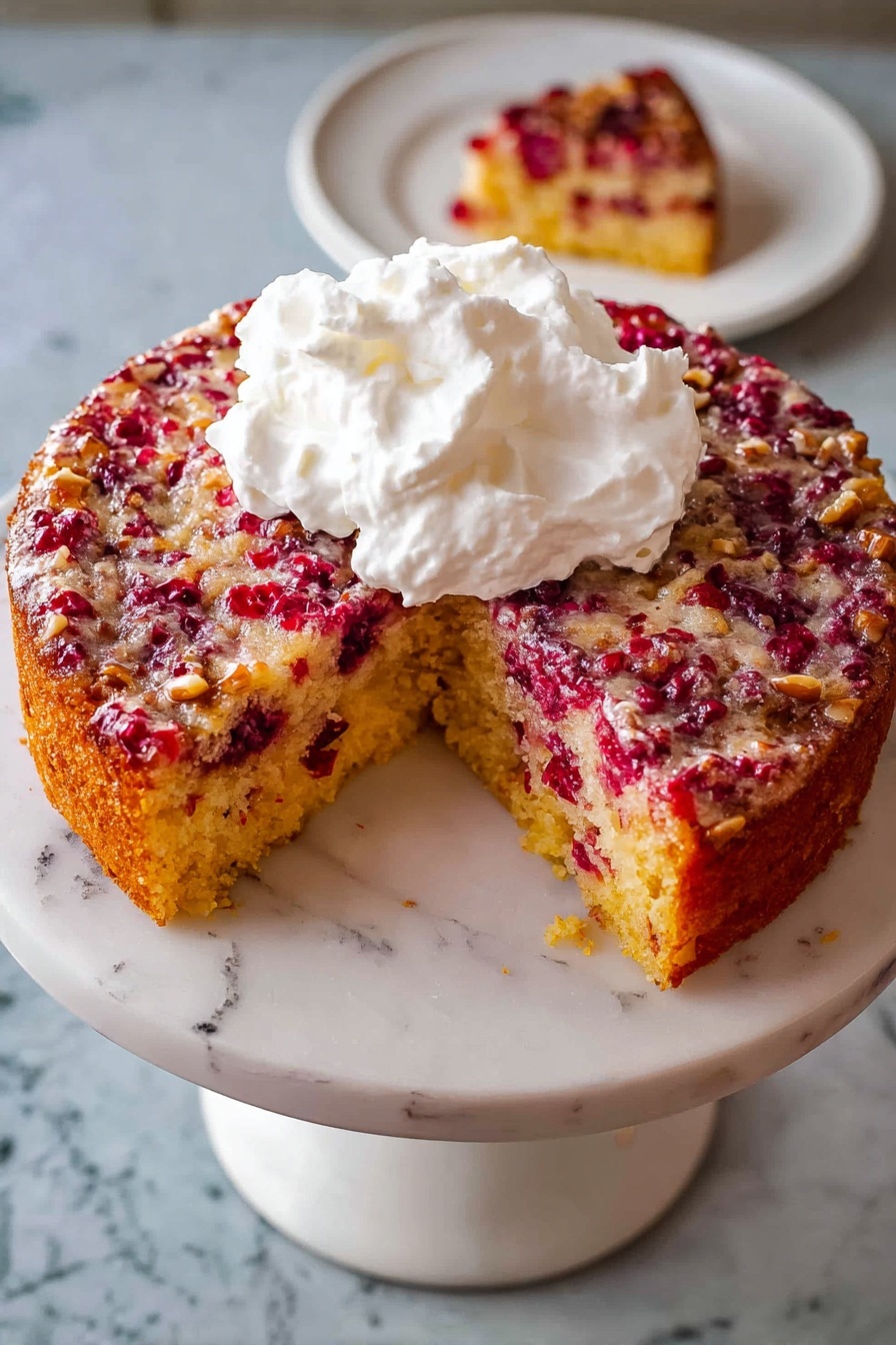 A round cake with a golden-brown top mixed with red berries and small nut pieces sits on a white marble cake stand. One slice is missing, showing a light yellow inside dotted with red berries. On top of the cake is a large, fluffy white whipped cream dollop. The cake stand is placed on a white marbled surface, and in the background, there is a white plate with a piece of the cake. Photo taken with an iphone --ar 2:3 --v 7 - Cranberry Pie with Nuts, Cranberry Pie, Nutty Cranberry Tart, Holiday Cranberry Dessert, Tart and Nutty Cranberry Pie
