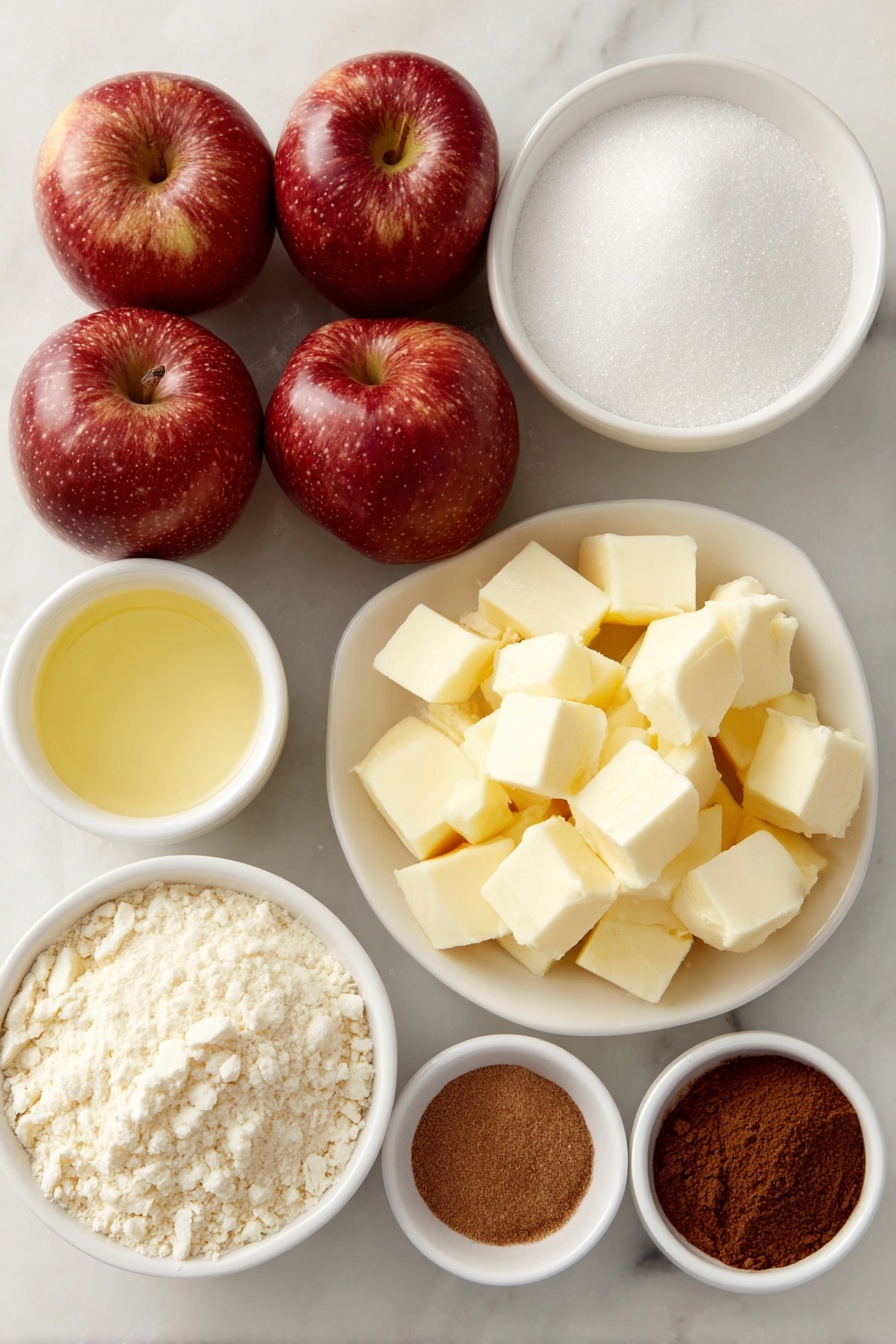 Flat lay of fresh medium apples, chopped into cubes, a small white bowl of granulated sugar, a small white bowl of all-purpose flour, a small white bowl of lemon juice, a small white bowl of ground cinnamon, a small white bowl of ground nutmeg, cold unsalted butter cut into small cubes on a white ceramic plate, placed on a clean white marble surface, soft natural light, photo taken with an iPhone, professional food photography style, fresh ingredients, white ceramic bowls, no bottles, no duplicates, no utensils, no packaging --ar 2:3 --v 7 --p m7354615311229779997 - Easy Apple Pie Bars with Crumb Topping, apple pie bars, apple crumb bars recipe, fall dessert recipes, easy apple dessert