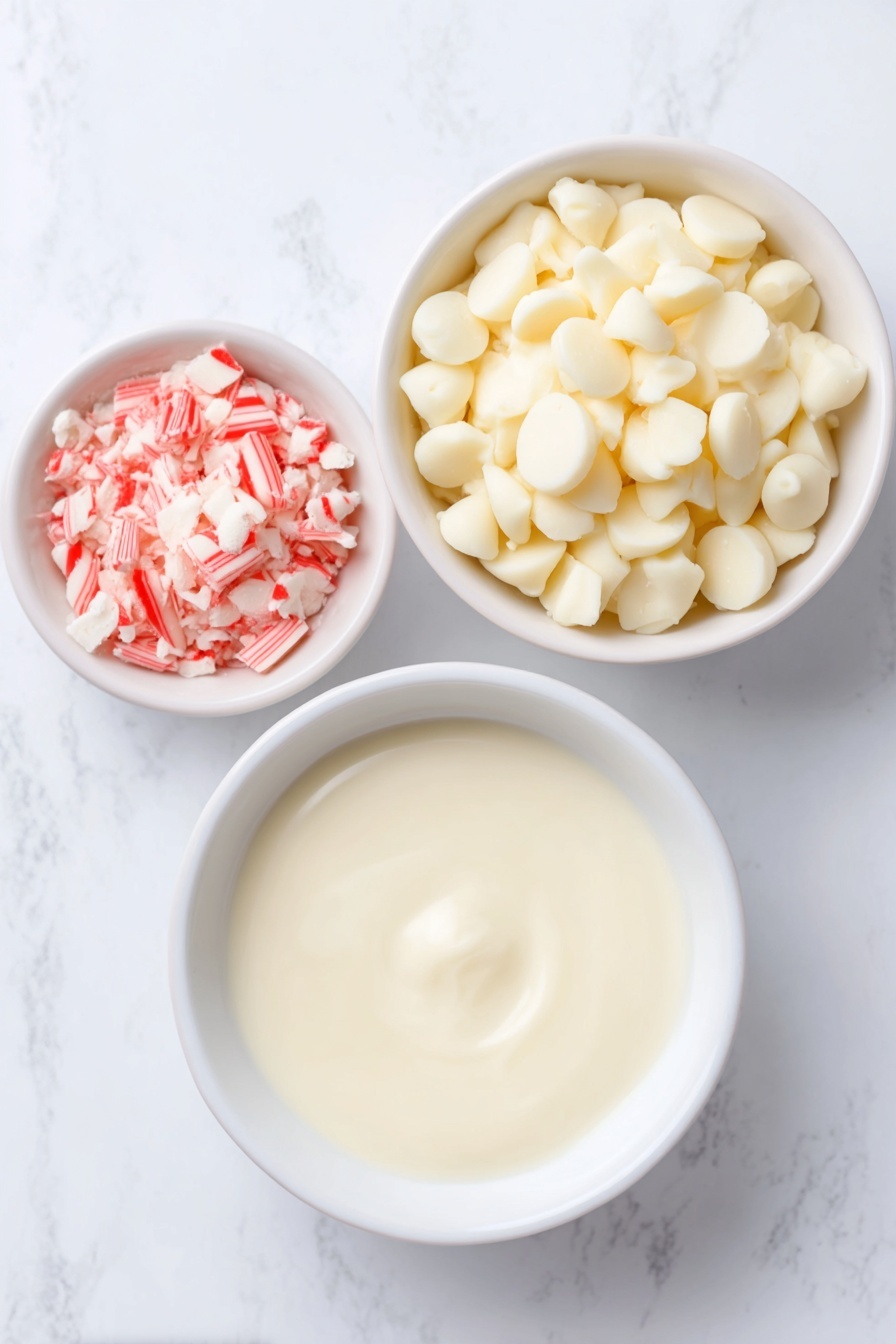 Flat lay of a small mound of creamy white chocolate chips, a small white ceramic bowl filled with glossy sweetened condensed milk, and a simple white ceramic bowl holding crushed bright red-and-white striped candy cane pieces, all arranged symmetrically on a clean white marble surface, soft natural light, photo taken with an iPhone, professional food photography style, fresh ingredients, white ceramic bowls, no bottles, no duplicates, no utensils, no packaging --ar 2:3 --v 7 --p m7354615311229779997 - Candy Cane Fudge with White Chocolate, holiday peppermint fudge, easy Christmas fudge recipe, festive candy cane dessert, creamy peppermint fudge