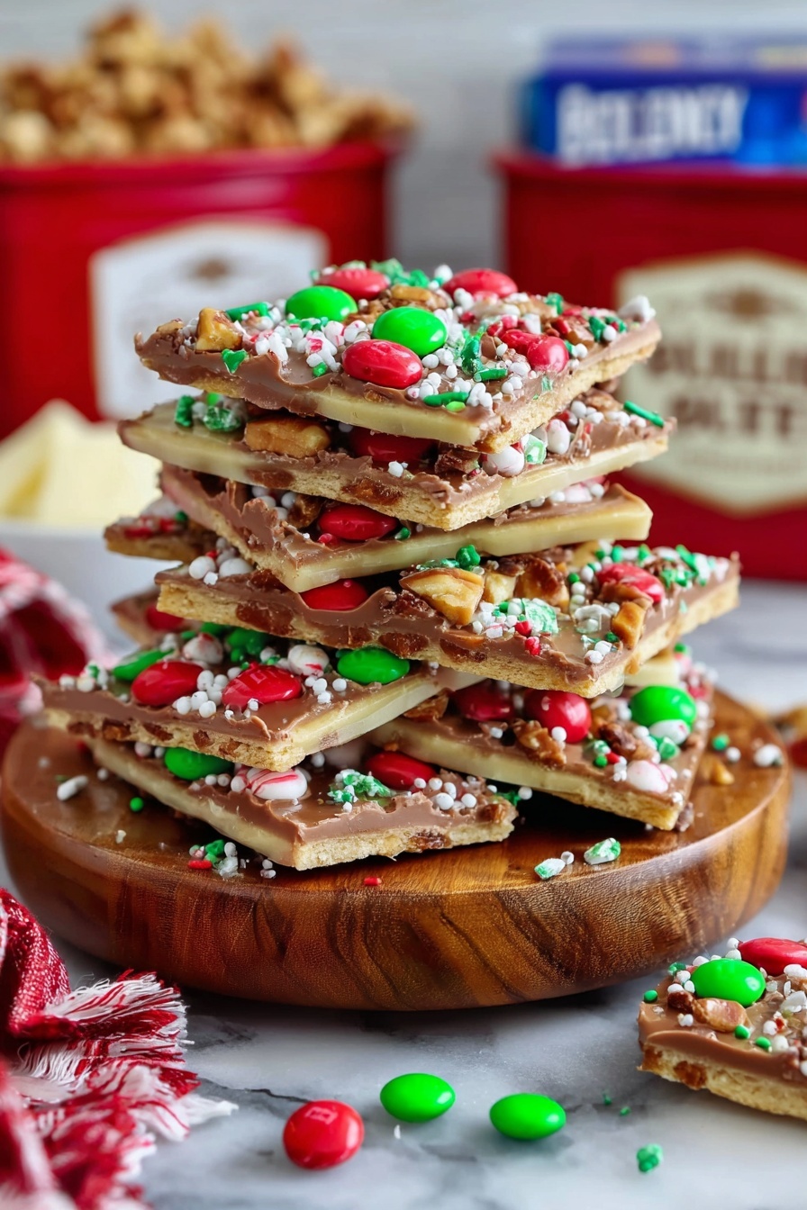 A stack of square chocolate-topped crackers sits on a round wooden stand, each piece showing three clear layers: a light tan cracker base, a smooth milk chocolate middle layer, and colorful decorations on top. The top layers are adorned with red and green round candy pieces, crushed nuts, and festive white, red, and green sprinkles. The stack is high and slightly uneven, with some candy pieces spilled around the base. The background shows a blurred white marbled surface, with red containers labeled in white text and a butter package blurred in the distance. photo taken with an iphone --ar 2:3 --v 7 - Saltine Toffee Squares, Saltine Toffee Squares Recipe, Saltine Toffee Treats, Easy Toffee Squares, Holiday Toffee Cookies