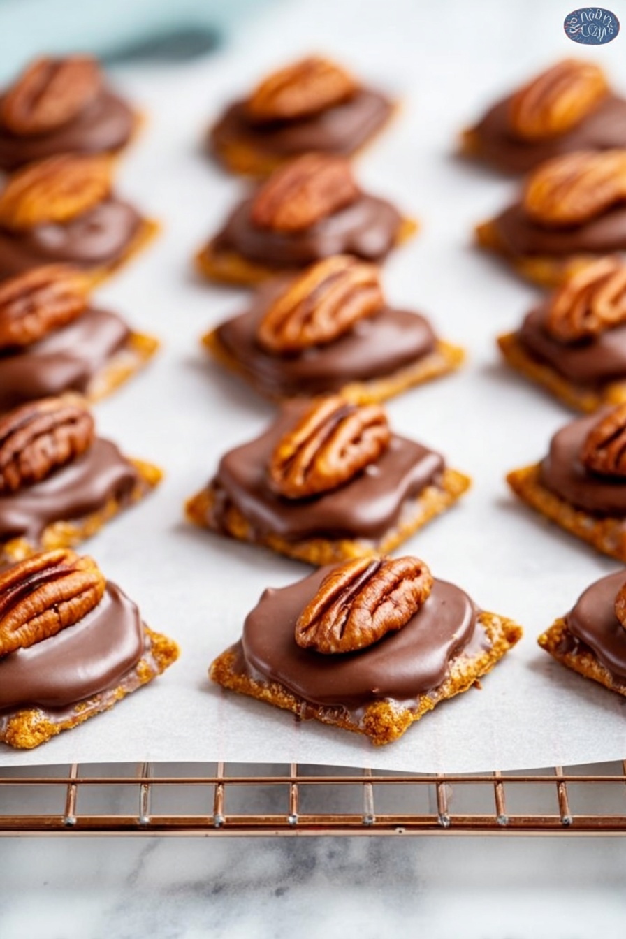 Many small square crackers are arranged in rows on white parchment paper over a wire rack placed on a white marbled surface. Each cracker has a shiny, smooth milk chocolate layer on top that looks thick and soft. On top of each chocolate layer sits a whole pecan half, with its textured ridges and rich brown color, centered perfectly on every cracker. The image shows depth with the crackers fading softly into the background. photo taken with an iphone --ar 2:3 --v 7 - Easy Pretzel Rolo Turtles, Pretzel Rolo Turtles, Simple Pretzel Turtles, No-Bake Pretzel Treats, Holiday Snack Ideas
