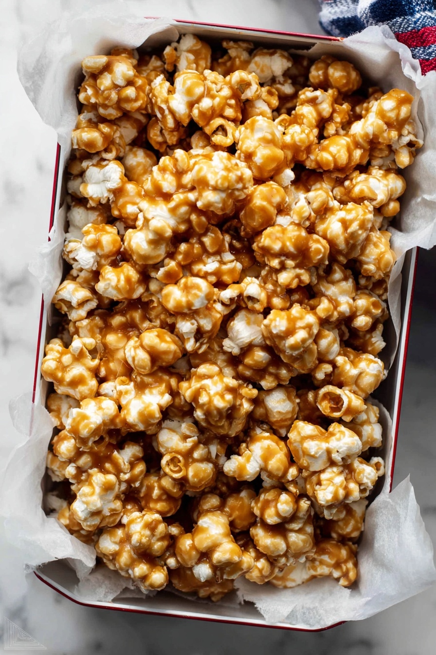 A full baking tray lined with a red silicone mat holds a single thick layer of caramel popcorn. The popcorn has a shiny, golden brown coat of caramel that varies slightly across each piece, showing some lighter and darker caramel colors with a crunchy texture. The tray rests on a smooth white marbled surface with part of a blue and white patterned cloth visible at the bottom left corner. The popcorn pieces are uneven in size but evenly spread out across the tray in a natural, casual way. photo taken with an iphone --ar 2:3 --v 7 - Homemade Caramel Corn, caramel popcorn recipe, easy caramel popcorn, homemade popcorn snacks, crunchy caramel popcorn