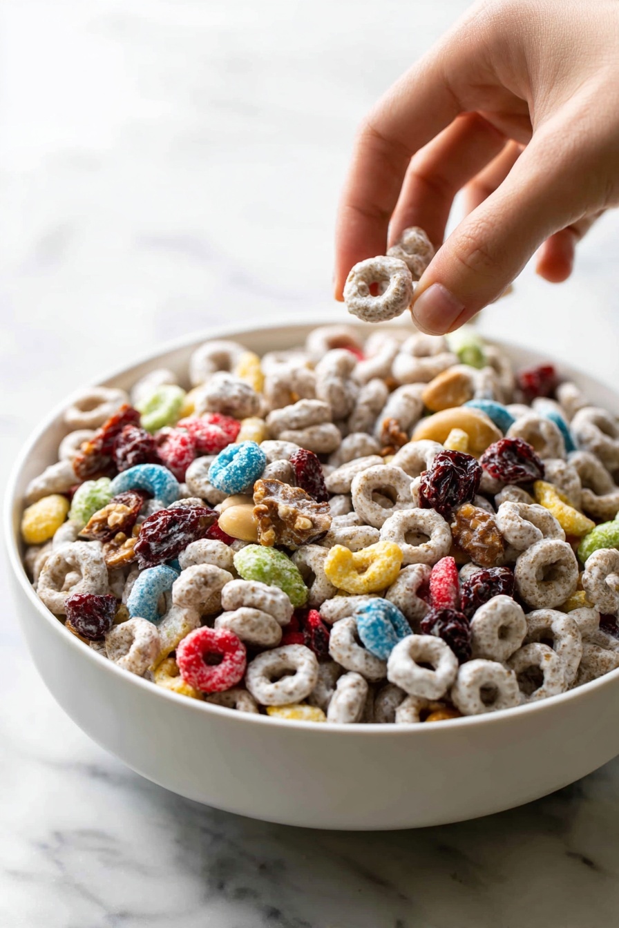 A close-up view of a woman's hand holding a cluster of popcorn mixed with colorful candy-coated pieces, showing a textured combination of white popcorn and bright red, blue, green, yellow, and orange candies scattered throughout. The background is filled with more of the same popcorn and candy mix, creating a soft, blurry colorful pattern with white popped kernels and shiny candy pieces. The scene rests on a white marbled surface. photo taken with an iphone --ar 2:3 --v 7 - White Chocolate Party Mix, white chocolate snack mix, sweet salty party mix, easy holiday treat, crunchy white chocolate snack