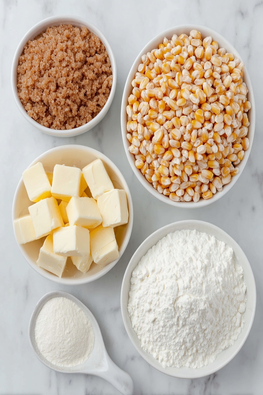 Flat lay of a large pile of natural, twisted puff corn kernels, a small white ceramic bowl filled with golden unsalted butter chunks, a small white ceramic bowl heaped with moist packed brown sugar, a small white ceramic bowl containing clear, thick corn syrup, and a white ceramic spoon resting beside a small mound of fine white baking soda powder, all arranged with perfect symmetry on a clean white marble surface, soft natural light, photo taken with an iPhone, professional food photography style, fresh ingredients, white ceramic bowls, no bottles, no duplicates, no utensils, no packaging --ar 2:3 --v 7 --p m7354615311229779997 - Caramel Puff Corn Snack, sweet and salty popcorn snack, easy caramel corn recipe, crunchy caramel popcorn, holiday snack ideas
