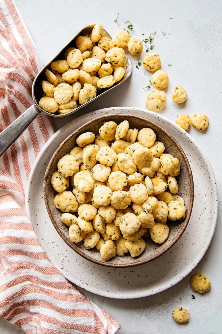 A rustic brown bowl is filled with small, light golden, bite-sized crackers speckled with green herbs, sitting on a white plate with a subtle speckled pattern. Some crackers spill over the bowl's edge onto the plate and white marbled tabletop below. To the left, a metal scoop full of the same crackers rests on a soft cloth with wide pink and white stripes. The scene has a bright, clean, natural light look. Photo taken with an iphone --ar 2:3 --v 7 - Ranch Oyster Crackers, Easy Snack Recipes, Savory Party Snacks, Homemade Oyster Crackers, Herbed Snack Mixes