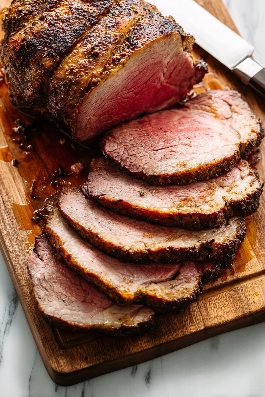 The image shows a piece of cooked beef roast placed on a wooden board with a knife resting next to it. The roast has been sliced into six pieces, each slice showing a layer of pinkish-red cooked meat in the center, surrounded by a light brown, slightly fatty outer edge with a textured, seared dark crust. The slices are arranged overlapping each other, starting from the right side of the roast, with the uncut portion visible on the lower left. The wooden board holds some meat juices near the sliced pieces. The surface beneath the board has a white marbled texture. photo taken with an iphone --ar 2:3 --v 7 - Garlic Herb Prime Rib, prime rib roast recipe, garlic herb beef, tender prime rib with herbs, juicy prime rib dinner