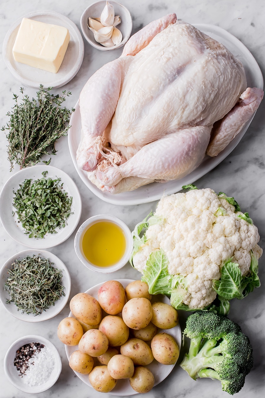 Flat lay of a whole fresh broiler-fryer chicken with clean skin, a small mound of softened unsalted butter, a small white bowl filled with golden maple syrup, three whole garlic cloves, a small pile of chopped fresh oregano leaves, a small pile of chopped fresh thyme leaves, a small white bowl of coarse salt, a small white bowl of freshly ground black pepper, one small lemon cut into four wedges, four fresh thyme sprigs, four fresh oregano sprigs, a cluster of bright red cherry tomatoes, a heap of quartered baby potatoes with natural skin, one large yellow onion cut into eight wedges, a small pile of fresh broccoli florets, a small pile of fresh cauliflower florets, a small white bowl of golden olive oil, all arranged with perfect symmetry on simple white ceramic plates and bowls, placed on a clean white marble surface, soft natural light, photo taken with an iPhone, professional food photography style, fresh ingredients, white ceramic bowls, no bottles, no duplicates, no utensils, no packaging --ar 2:3 --v 7 --p m7354615311229779997 - Maple Butter Roast Chicken, roasted chicken with maple syrup, easy roast chicken recipe, flavorful roast chicken, comforting dinner ideas