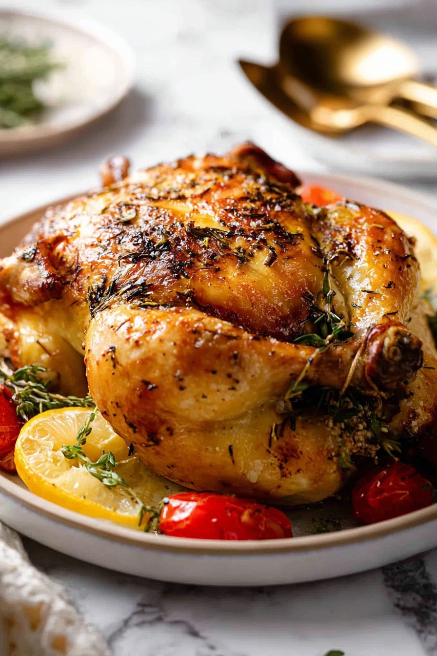 A whole golden roasted chicken sits in the center of a white plate, with crispy skin seasoned with herbs and black pepper. The chicken is laid on lemon slices, with bright red cherry tomatoes and green herb sprigs scattered around it. The plate rests on a white marbled surface, with blurred golden utensils in the background. The lighting highlights the juicy and crispy texture of the chicken’s skin. photo taken with an iphone --ar 2:3 --v 7 - Maple Butter Roast Chicken, roasted chicken with maple syrup, easy roast chicken recipe, flavorful roast chicken, comforting dinner ideas