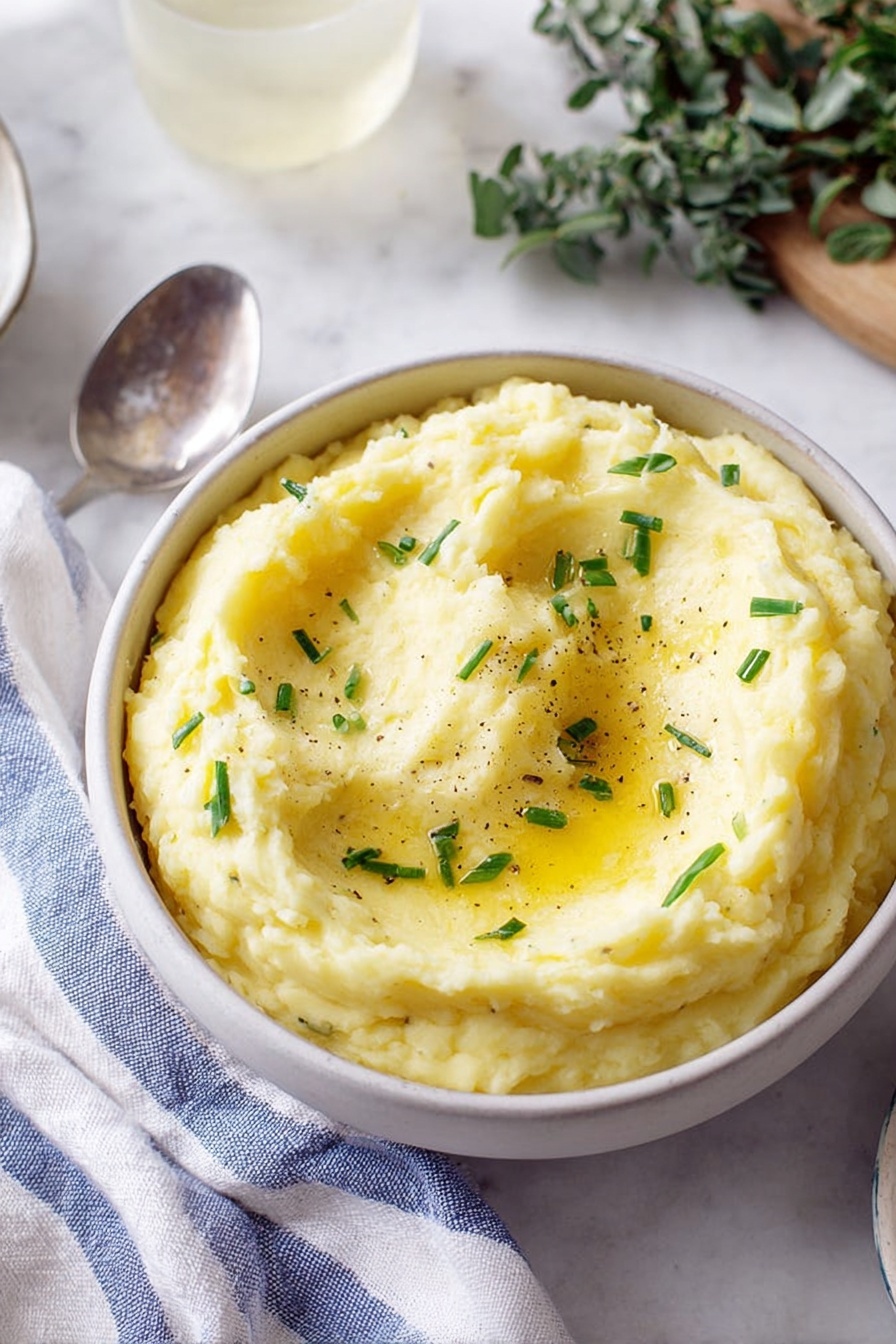 A white bowl filled with creamy mashed potatoes that have a smooth, slightly textured surface. The mashed potatoes are pale yellow, sprinkled evenly with small green chive pieces and a few specks of black pepper on top, creating tiny dots of color contrast. The bowl is placed on a white marbled surface with a white and blue striped cloth napkin next to it, a silver spoon nearby, and some green leaves and a light-colored drink in the background. The lighting is soft and natural, highlighting the creamy texture of the mashed potatoes. Photo taken with an iphone --ar 2:3 --v 7 - Creamy Roasted Garlic Mashed Potatoes, roasted garlic mashed potatoes, garlic mashed potato recipe, gourmet mashed potatoes, easy mashed potato side dish