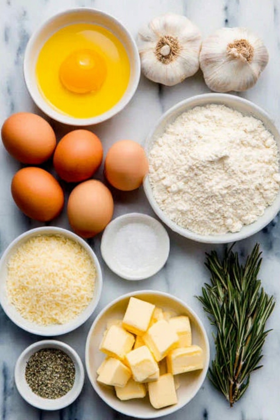 Flat lay of two whole heads of garlic, a small white bowl of golden olive oil, a small white bowl of fine white salt, a small white bowl filled with white all-purpose flour, a small white bowl with granulated sugar, a small white bowl of beige active dry yeast granules, a small white bowl of creamy whole milk, a small white bowl of pale unsalted butter cubes, a small white bowl of clear water, a small white bowl with dried green basil leaves, a small white bowl with dried oregano, a small white bowl with dried rosemary, a small white bowl of fine garlic powder, two whole uncracked large brown eggs, a small white bowl of finely grated pale parmesan cheese, all ingredients arranged symmetrically on a clean white marble surface, soft natural light, photo taken with an iPhone, professional food photography style, fresh ingredients, white ceramic bowls, no bottles, no duplicates, no utensils, no packaging --ar 2:3 --v 7 --p m7354615311229779997 - Garlic Parmesan Pull-Apart Bread, cheesy garlic bread, homemade pull-apart bread, garlic bread with Parmesan, soft buttery bread