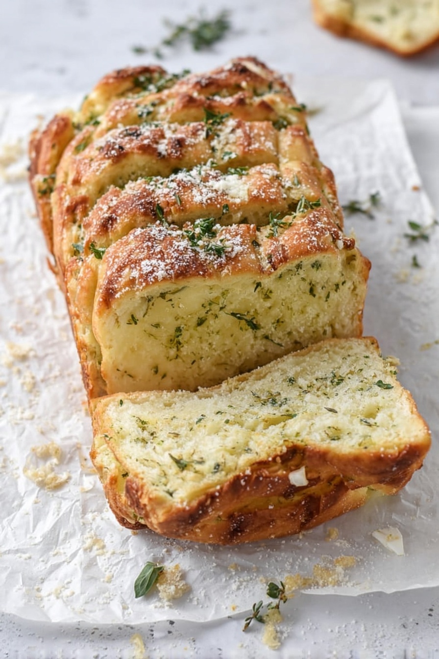The image shows a loaf of herb garlic bread with several layers. The bread is sliced into thick pieces, exposing soft, light yellow-green layers inside that show herbs sprinkled throughout. The top layer is golden brown and slightly crispy with a dusting of white powder, likely cheese or seasoning, and small green herb leaves scattered over it. The bread rests on white parchment paper, which is on a white marbled surface, giving a clean and bright look. Small herb leaves and crumbs are scattered around the bread, adding a natural and fresh touch. Photo taken with an iphone --ar 2:3 --v 7 - Garlic Parmesan Pull-Apart Bread, cheesy garlic bread, homemade pull-apart bread, garlic bread with Parmesan, soft buttery bread