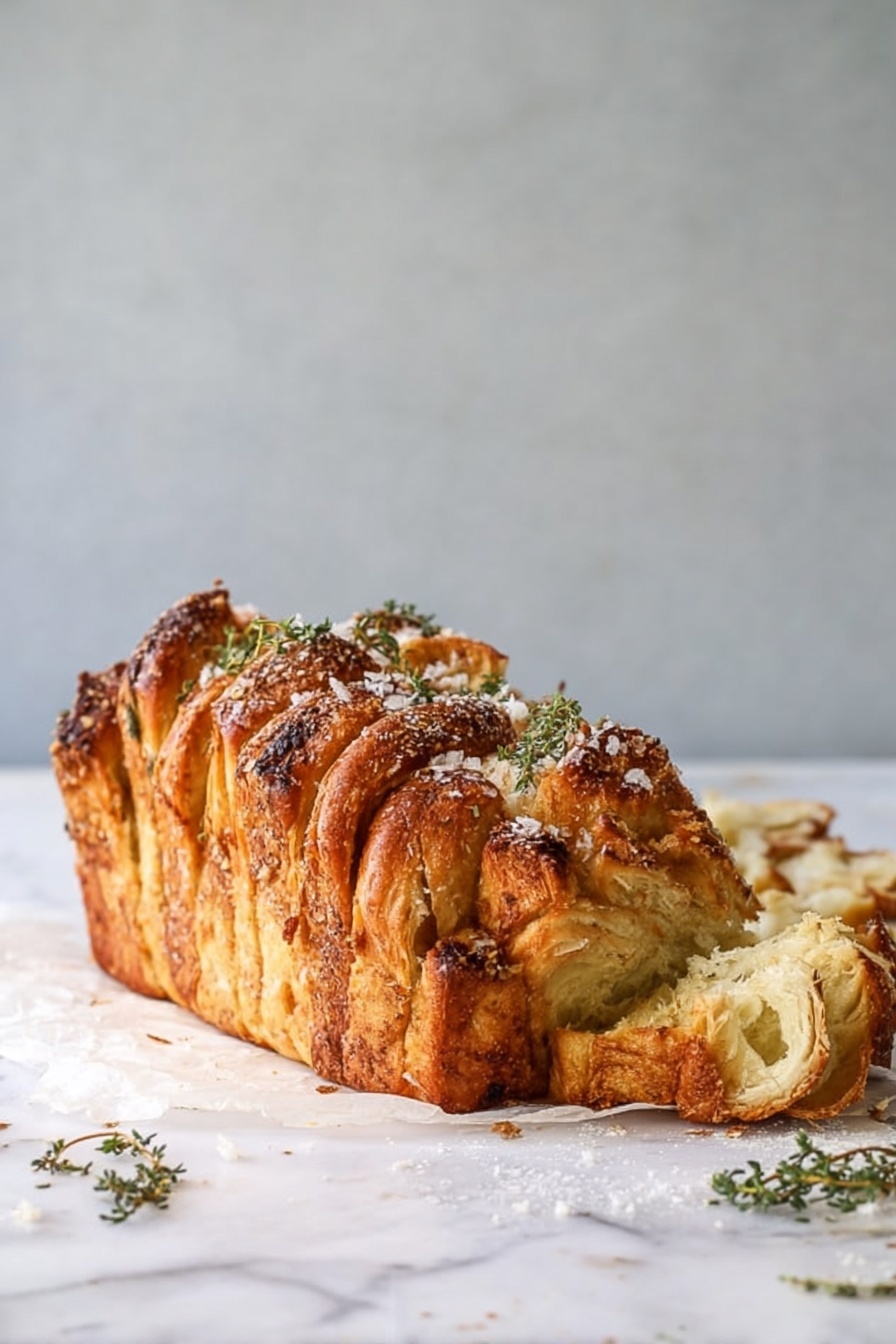 The image shows a loaf of pull-apart bread standing on white parchment paper over a white marbled surface. The loaf has several tall, thick layers of golden-brown bread with some darker spots from seasoning or herbs baked throughout. The top is sprinkled with coarse salt and small green herbs. A few pieces of bread are pulled away from the loaf on the right side, revealing soft, light-colored, fluffy inside layers. Some loose flour and herb sprigs are scattered around the bread. The background is a simple, light grey wall. Photo taken with an iphone --ar 2:3 --v 7 - Garlic Parmesan Pull-Apart Bread, cheesy garlic bread, homemade pull-apart bread, garlic bread with Parmesan, soft buttery bread
