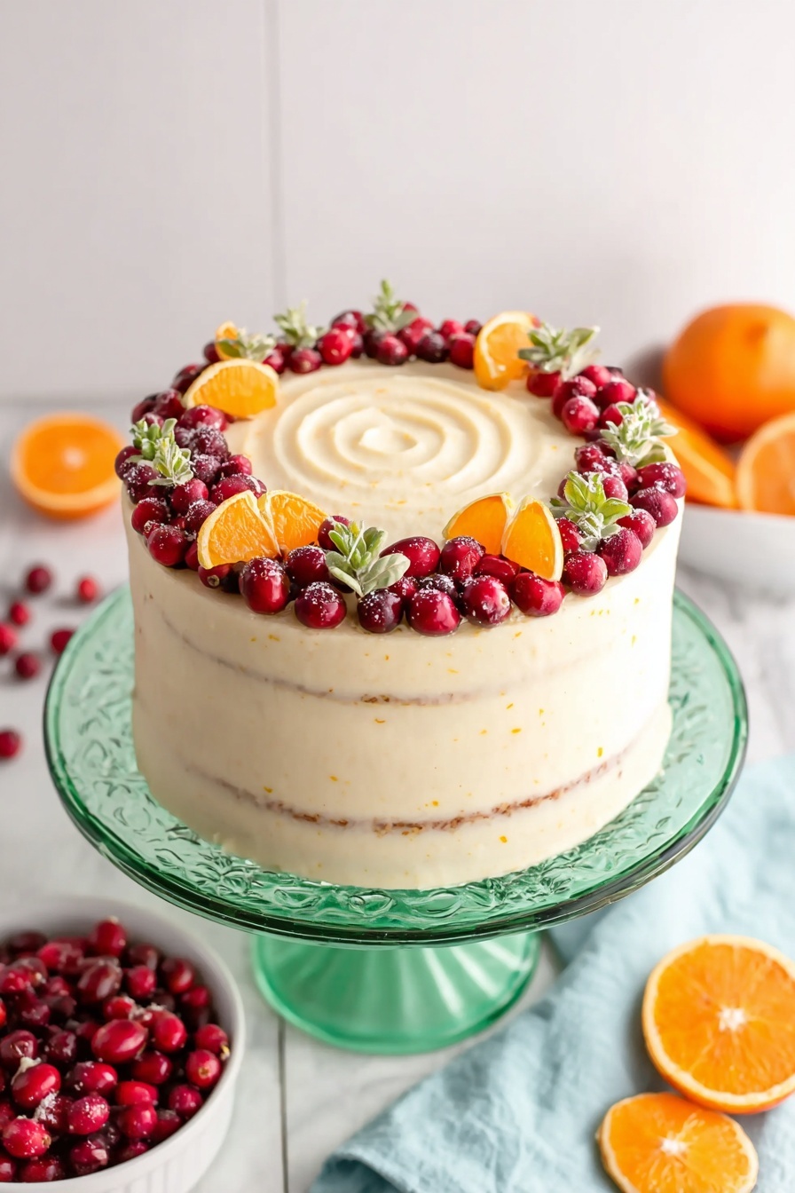 A tall, round cake with smooth, light cream frosting has four visible thick layers with even texture and faint orange zest specks. The top layer has a swirl pattern in the center, surrounded by a ring of dark and bright red cranberries mixed with small green leaves and orange peel curls, accented with three small orange wedges spaced evenly. The cake sits on a green glass cake stand, which adds an elegant touch. The background is a white marbled surface with a white bowl filled with more cranberries to one side and a halved orange resting on a light blue cloth on the other side. Photo taken with an iphone --ar 2:3 --v 7 - Cranberry Orange Cake with Cream Cheese Frosting, festive cranberry orange cake, moist citrus cranberry cake, holiday cranberry orange dessert, fresh fruit cake with cream cheese frosting