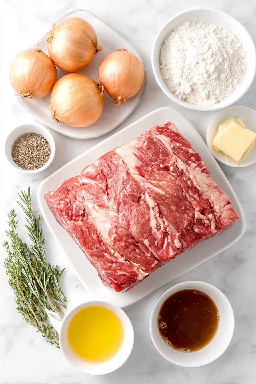 Flat lay of a large raw boneless prime rib roast with rich marbling, a small cluster of whole brown garlic cloves, one fresh shallot bulb slightly larger than a golf ball, a few sprigs of fresh rosemary, a small bunch of fresh thyme, a small pile of ground black pepper, a pinch of coarse kosher salt crystals, a small wedge of pale creamy unsalted butter, a small white ceramic bowl with pale yellow lemon juice, another small white bowl with golden beef drippings, a small white bowl filled with all-purpose flour, and a small white bowl holding dark rich beef stock, all arranged in perfect symmetry on a simple white ceramic plate and bowls, placed on a clean white marble surface, soft natural light, photo taken with an iPhone, professional food photography style, fresh ingredients, white ceramic bowls, no bottles, no duplicates, no utensils, no packaging --ar 2:3 --v 7 --p m7354615311229779997 - Garlic Herb Butter Prime Rib, prime rib recipe, roast beef with garlic herb butter, tender prime rib, holiday beef main dish