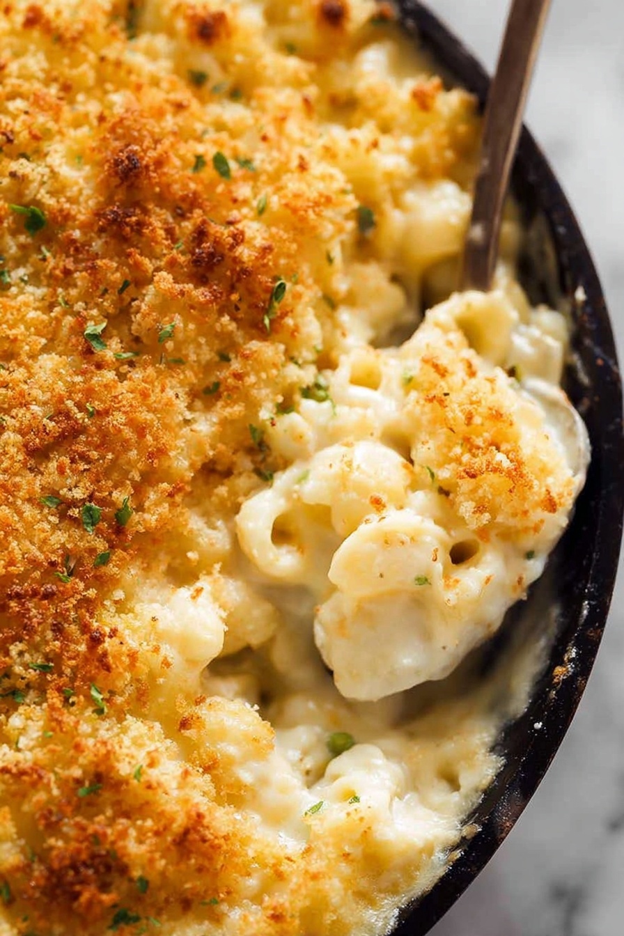 A close-up image of baked macaroni and cheese served in a dark round pan placed on a white marbled surface. The top layer is golden brown crispy breadcrumbs with some small green herb pieces scattered throughout. Below this, a thick creamy white cheese sauce covers macaroni pasta shells, which appear soft and coated in cheese. The spoon is scooping some macaroni from the dish, revealing the smooth melted cheese underneath the crunchy top. The texture contrasts between the crunchy breadcrumb topping and the creamy cheesy pasta inside. Photo taken with an iphone --ar 2:3 --v 7 - Creamy Baked Mac and Cheese, baked mac and cheese recipe, cheesy baked pasta, homemade mac and cheese, comfort food recipes