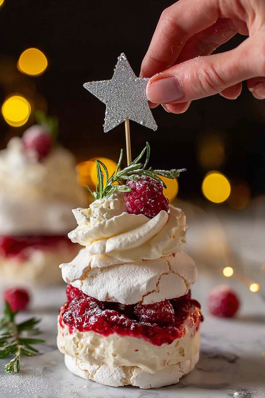 A tall slice of layered cake with four thick, light cream layers alternating with four fluffy white meringue layers, each cream layer has bits of red raspberries mixed inside. Red raspberry sauce drips down the side of the cake, pooling slightly near the bottom. The top is decorated with more cream, a single whole raspberry, and sprigs of green rosemary. The cake sits on a silver tray with a white marbled texture background visible behind. Photo taken with an iphone --ar 2:3 --v 7 - Christmas Tree Pavlova Dessert, festive pavlova recipe, holiday showstopper dessert, Christmas dessert ideas, easy holiday pavlova
