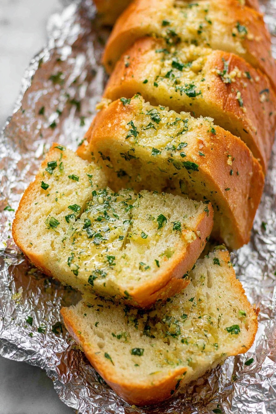 A loaf of garlic bread sliced into several pieces, resting on crinkled foil over a white marbled surface. Each slice shows a soft inside mixed with finely chopped green herbs and melted butter, while the crust is golden brown and shiny. The bread pieces are angled slightly to reveal the texture inside and the herbs spread evenly. photo taken with an iphone --ar 2:3 --v 7 - Homemade Garlic Bread, garlic bread recipe, easy garlic bread, buttery garlic bread, crispy garlic bread