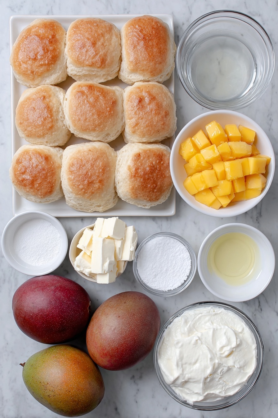 Flat lay of a neat stack of seventeen golden-brown plain sweet biscuits, a small puddle of melted unsalted butter on a simple white ceramic plate, a few tablespoons of fine white sugar in a small white bowl, two large ripe mangoes with vibrant orange flesh and smooth skin beside a small white bowl of bright yellow mango cubes, two whole passionfruits with deep purple wrinkled skin halved to reveal bright orange pulp and seeds inside a white bowl, two clean blocks of creamy Philadelphia cream cheese on a white plate, a small white bowl filled with superfine white granulated sugar, two small white bowls containing cold clear water, two small white bowls with fine gelatin powder, a small white bowl of freshly squeezed lemon juice, two small white bowls filled with fluffy white whipping cream, and a small white bowl of clear vanilla extract, all arranged symmetrically with balanced proportions, placed on a clean white marble surface, soft natural light, photo taken with an iPhone, professional food photography style, fresh ingredients, white ceramic bowls, no bottles, no duplicates, no utensils, no packaging --ar 2:3 --v 7 --p m7354615311229779997 - No Bake Mango Cheesecake, Mango Cheesecake, No Bake Dessert, Tropical Cheesecake, Summer Fruit Cheesecake