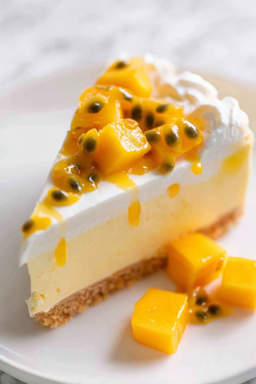 A slice of creamy layered dessert on a white plate, featuring three visible layers: the bottom is a light brown crumbly crust, the middle layer is smooth and pale yellow, and the top is white whipped cream with a fluffy texture. On top, there are bright orange mango cubes and glossy passion fruit seeds with yellow pulp drizzled over the cream. Additional mango cubes are scattered beside the slice on the plate. The background is a white marbled texture. Photo taken with an iphone --ar 2:3 --v 7 - No Bake Mango Cheesecake, Mango Cheesecake, No Bake Dessert, Tropical Cheesecake, Summer Fruit Cheesecake