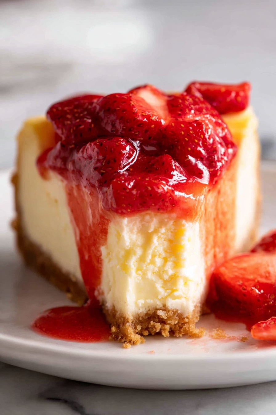 A close-up of a slice of cheesecake on a white plate over a white marbled surface, showing three layers: a light brown crumbly crust at the bottom, a thick creamy yellowish cheese layer in the middle, and a shiny red strawberry topping with whole strawberries dripping red sauce down the sides, some sauce pooling on the plate in front. Photo taken with an iphone --ar 2:3 --v 7 - Strawberry Cheesecake, easy strawberry cheesecake, homemade strawberry cheesecake, creamy strawberry cheesecake, best strawberry cheesecake