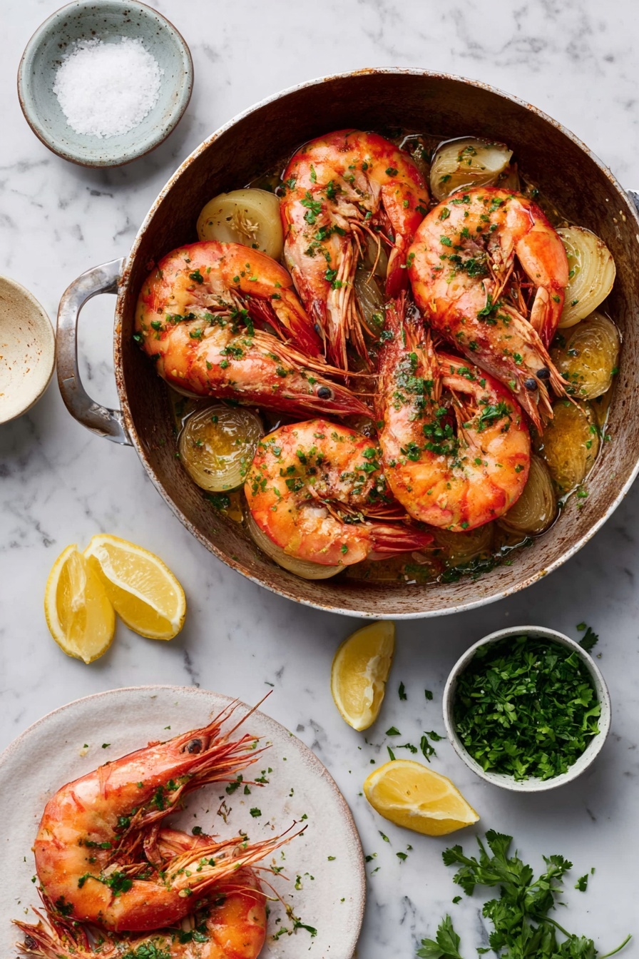 A round pan filled with five large cooked shrimp arranged on top of golden-brown garlic slices with green parsley sprinkled over them, all placed on a white marbled surface. Next to the pan is a small white bowl with salt and a white plate with three shrimp garnished with parsley. There are two lemon wedges on the surface near a small white bowl filled with fresh parsley. The colors are warm and fresh with orange-red shrimp, light golden garlic, bright green parsley, and yellow lemon pieces. Photo taken with an iphone --ar 2:3 --v 7 - Garlic Sautéed Shrimp, Shrimp sautéed with garlic, Easy shrimp recipes, Quick seafood dishes, Spanish-inspired shrimp