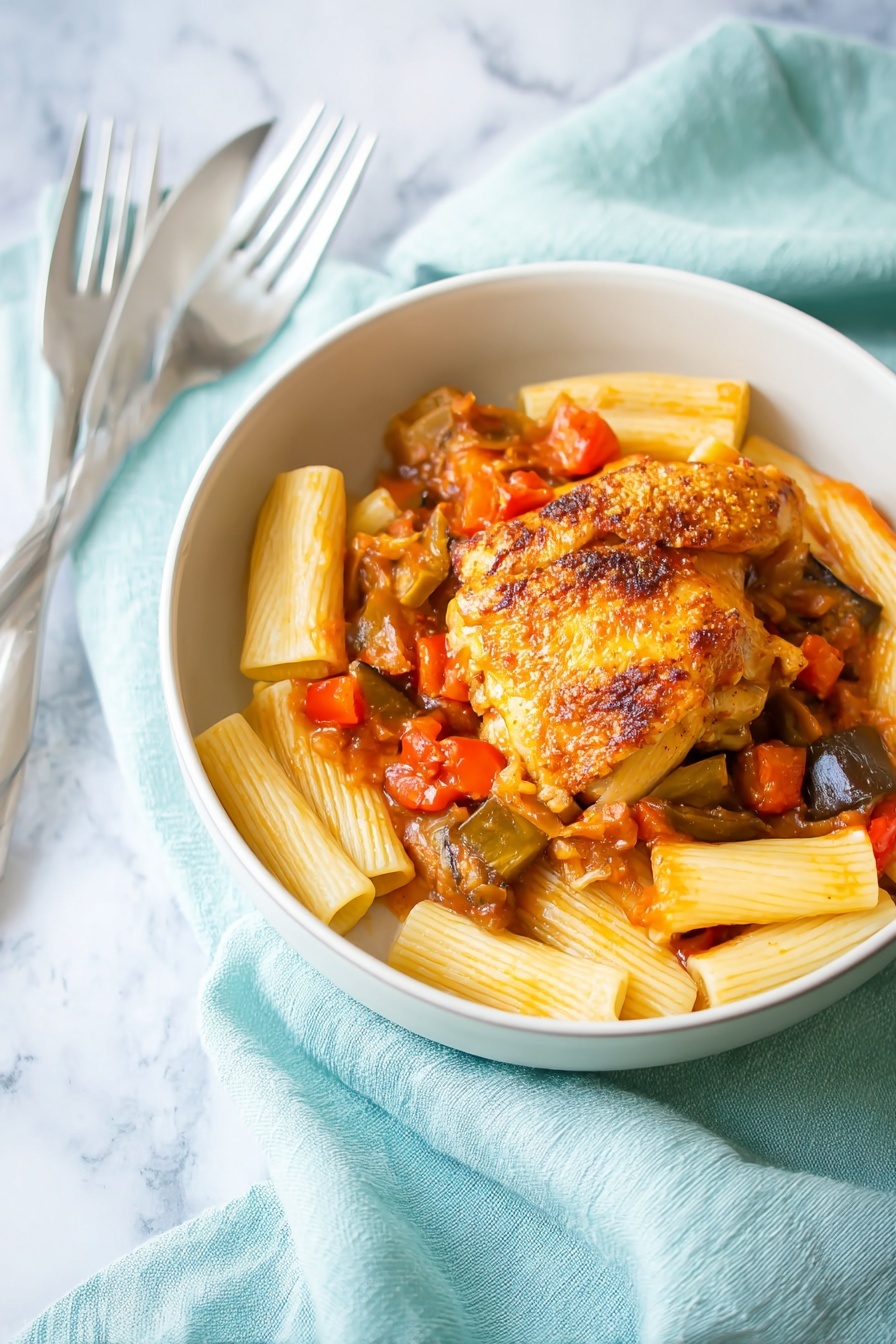 The image shows a white bowl filled with several layers of food. At the bottom, there is a layer of rigatoni pasta, pale yellow with visible ridges, providing a textured base. On top of the pasta, chunks of cooked vegetables, including red bell peppers and darker brown pieces like mushrooms or eggplant, are mixed in a light red-orange sauce that looks slightly thick and glossy. The top layer has a single piece of cooked skin-on chicken, golden brown with a slightly crispy texture and some darker charred spots, covered partially with the sauce and some small vegetable pieces. The bowl sits on a soft light blue cloth, placed on a white marbled surface. A knife and fork rest nearby. Photo taken with an iphone --ar 2:3 --v 7 - Instant Pot Chicken Cacciatore, easy chicken cacciatore recipe, Italian chicken stovetop dish, quick chicken dinner, hearty chicken cacciatore