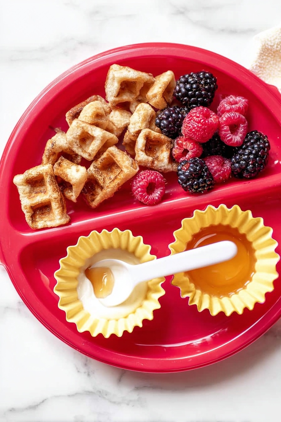 A red round plate with three sections sits on a white marbled surface. The largest section holds broken light brown waffle pieces mixed with fresh dark purple blackberries and bright red raspberries evenly spread. One smaller section contains golden syrup in a yellow cupcake liner, and the other small section has white yogurt topped with a small amount of honey and a white plastic spoon resting inside. The colors are warm and fresh, and the textures show the crumble of the waffles and smoothness of the yogurt and syrup. Photo taken with an iphone --ar 2:3 --v 7 - Pumpkin Spice Waffles, fall breakfast ideas, cozy pumpkin recipes, fluffy waffle recipes, holiday brunch ideas