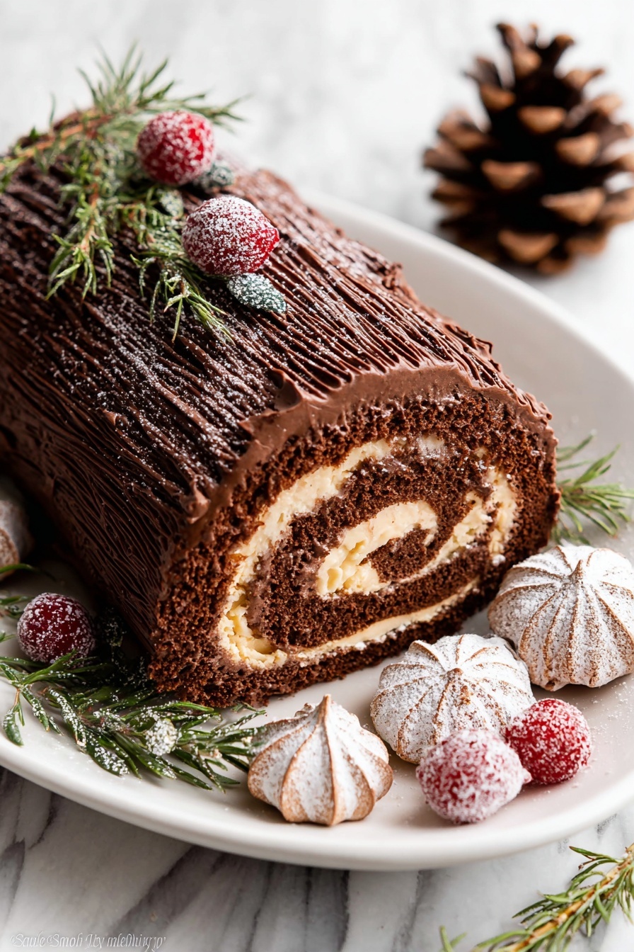 A chocolate roll cake sits on a white plate, covered with thick dark brown chocolate frosting that has textured lines on top, resembling bark. The cake has two visible layers — a light brown rolled sponge and a creamy light tan filling swirled inside. Around the cake are small sugar-coated red berries, green rosemary sprigs dusted with powdered sugar, small white meringue cookies with a dusting of cocoa powder, and a brown pinecone for decoration. The surface beneath the plate shows a white marbled texture. Photo taken with an iphone --ar 2:3 --v 7 - Chocolate Yule Log Cake with Meringue Mushrooms, festive holiday dessert, holiday chocolate cake, Christmas yule log, chocolate roulade with mushrooms