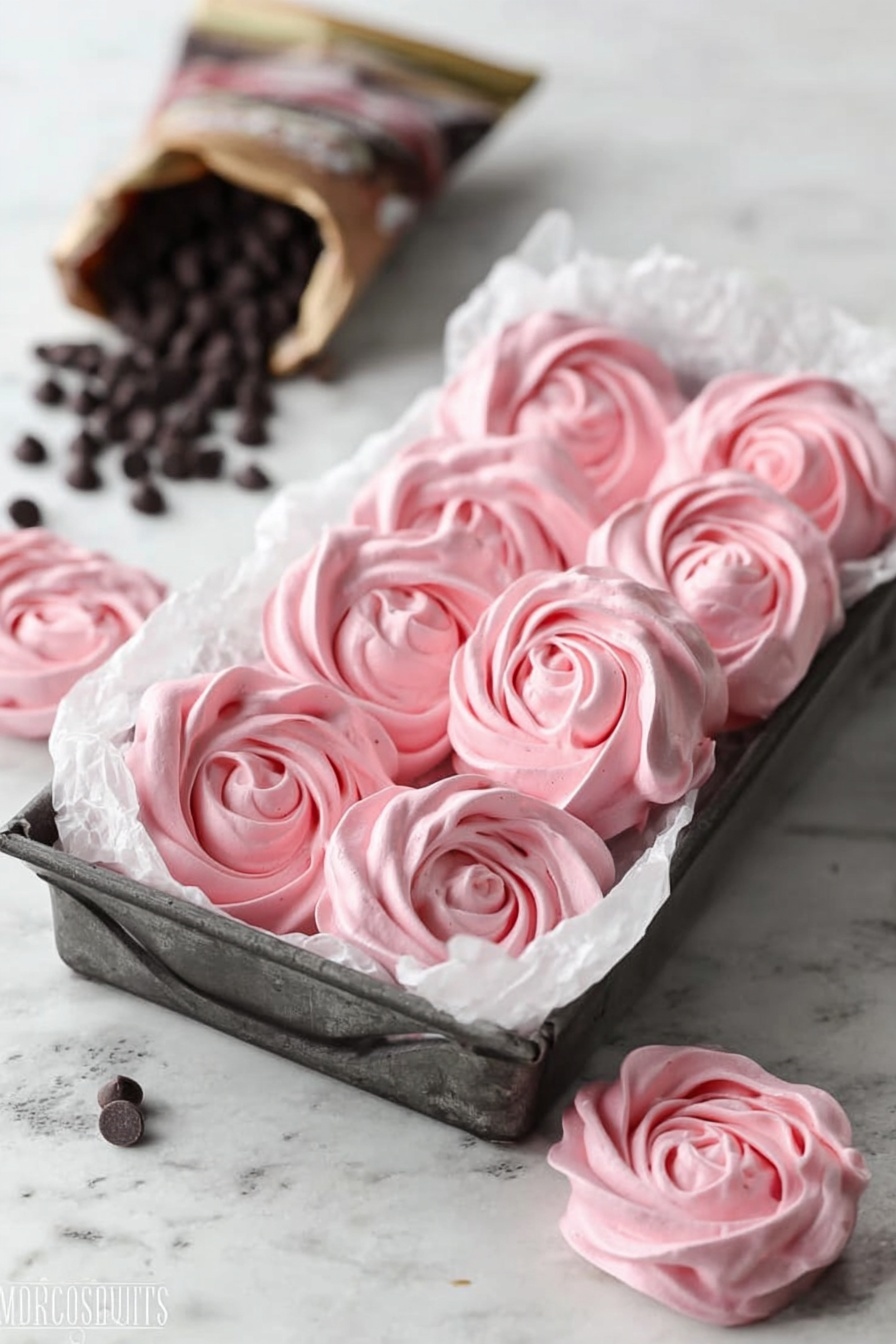 A dark metal tray filled with eight pink meringue cookies shaped like roses, showing soft swirls and a light, airy texture. The tray sits on white crumpled wax paper, which rests on a white marbled surface. Two more pink meringue roses are placed next to the tray on the surface. In the background, an open bag of dark chocolate chips is spilling some chips onto the white marbled surface. The colors are soft and pastel, with a focus on the pink meringues and dark chocolate chips. photo taken with an iphone --ar 2:3 --v 7 - Raspberry Meringue Sandwiches with Chocolate Ganache, raspberry meringue desserts, chocolate ganache treat, elegant berry-filled desserts, easy meringue recipes
