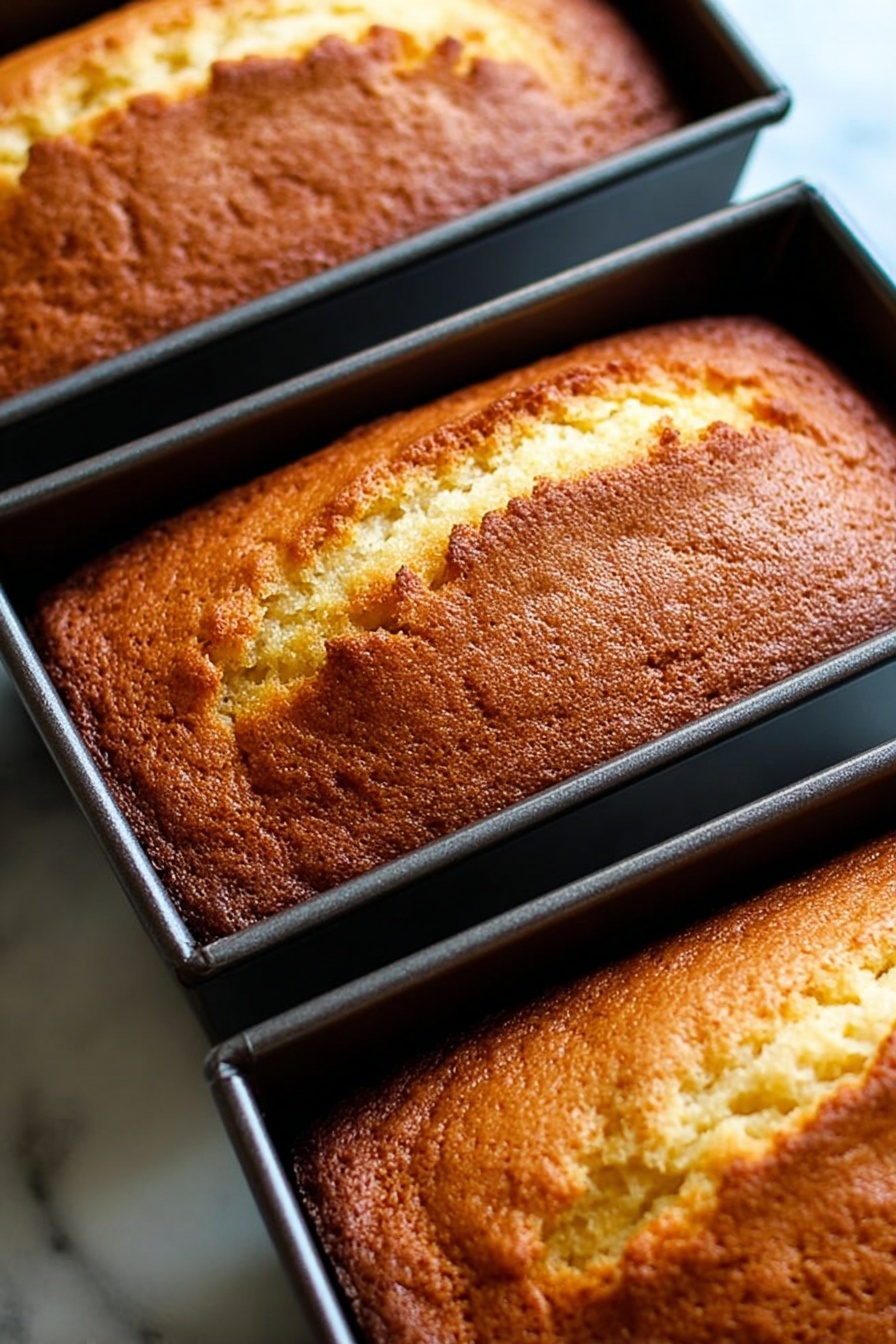The image shows three golden brown rectangular loaves of cake freshly baked in dark metal pans. Each loaf has a crisp, slightly cracked top with a textured surface and hints of a light, moist crumb beneath. The cakes have a warm, inviting color that ranges from deep amber at the edges to a soft yellow in the center. The pans are closely placed side by side on a white marbled surface. Photo taken with an iphone --ar 2:3 --v 7 - Orange Ricotta Pound Cake, citrus pound cake with ricotta, citrus cake recipe, moist ricotta cake, orange dessert recipes