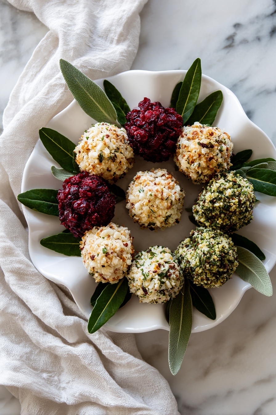 A white plate shaped like a flower holds a wreath of cheese balls in three colors and textures: beige balls coated with small almond chunks, deep red balls coated with dried cranberries, and bright green balls covered with chopped herbs. The balls are evenly spaced in a circle on a layer of dark green leaves, with some leaves sticking out around the edges, adding a fresh touch. The plate sits on a white marbled surface next to a crumpled white cloth. The photo taken with an iphone --ar 2:3 --v 7 - Cheese Ball Wreath, holiday cheese ball appetizer, festive cheese ball ideas, cheese ball wreath recipe, easy holiday appetizers