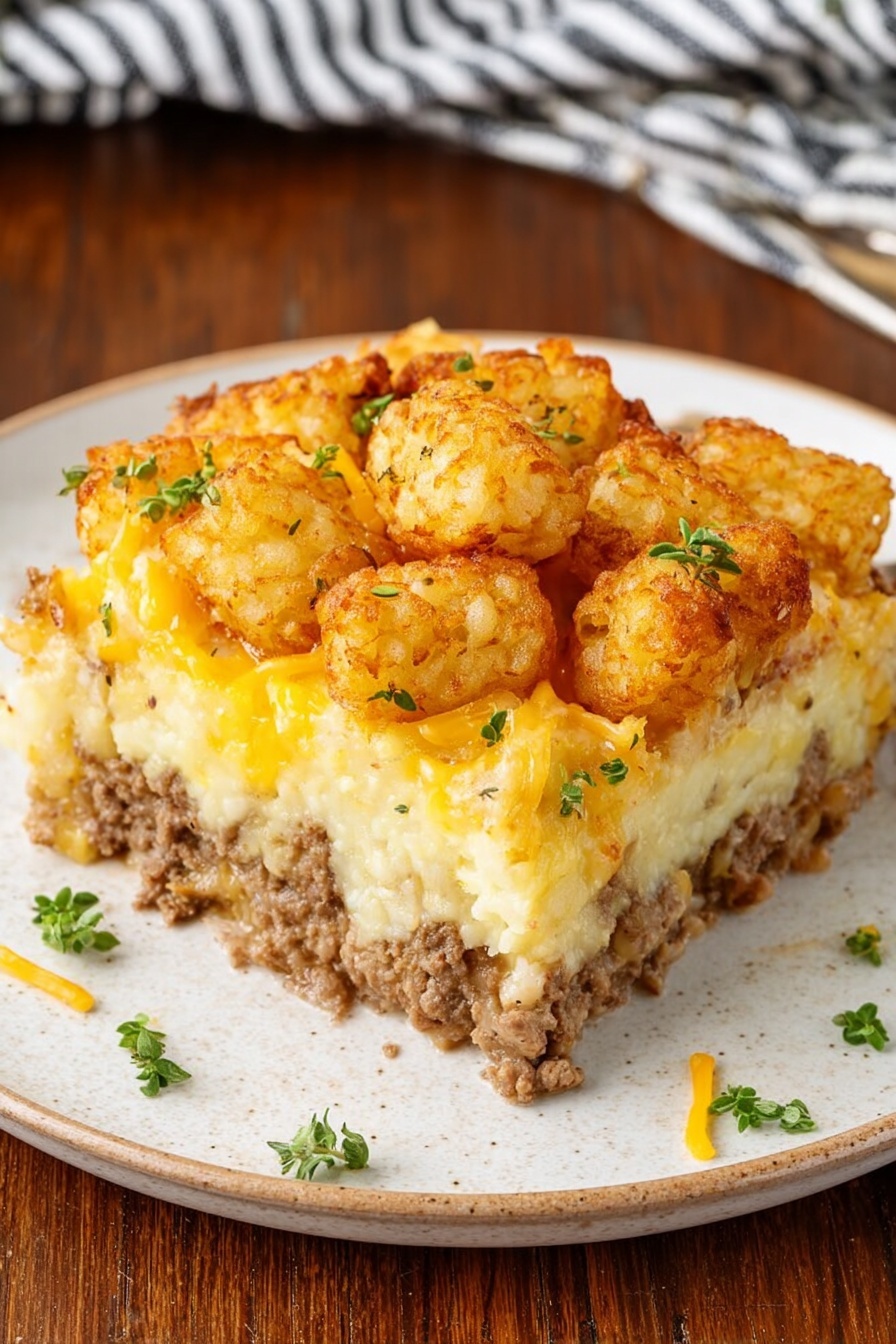 A square piece of a layered casserole sits on a white plate with a slight texture. The bottom layer is a light brown cooked ground meat, slightly crumbly. Above it is a thick, creamy middle layer of pale yellow mashed potatoes. The top layer is made of golden brown, crispy tater tots, with some shredded melted cheese scattered around. Fresh, small green herb pieces are sprinkled on top and a few on the plate. The plate is on a wooden surface with a black and white striped cloth in the background. Photo taken with an iphone --ar 2:3 --v 7 - Tater Tot Breakfast Casserole, best Tater Tot breakfast ideas, easy breakfast casserole with tater tots, hearty breakfast recipes, savory breakfast baked dish