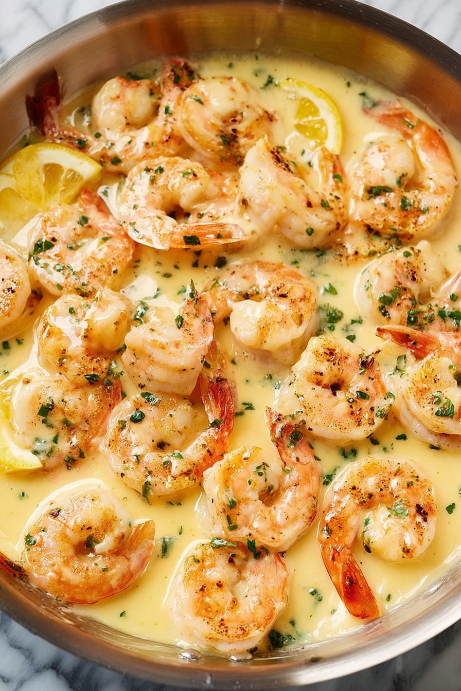 The image shows a close-up of cooked shrimp in a creamy yellow sauce, all together in a metal pan. The shrimp are orange-pink with some light grill marks, and each shrimp is curved into a C shape. The sauce looks smooth and thick, covering the shrimp almost fully, with small green herb pieces sprinkled evenly on top. At the edges, a few thin lemon slices peek through the sauce, adding a hint of bright yellow. The background around the pan is a white marbled texture. photo taken with an iphone --ar 2:3 --v 7 - Quick Shrimp Scampi, shrimp scampi recipe, easy seafood dinner, fast shrimp recipes, garlic butter shrimp
