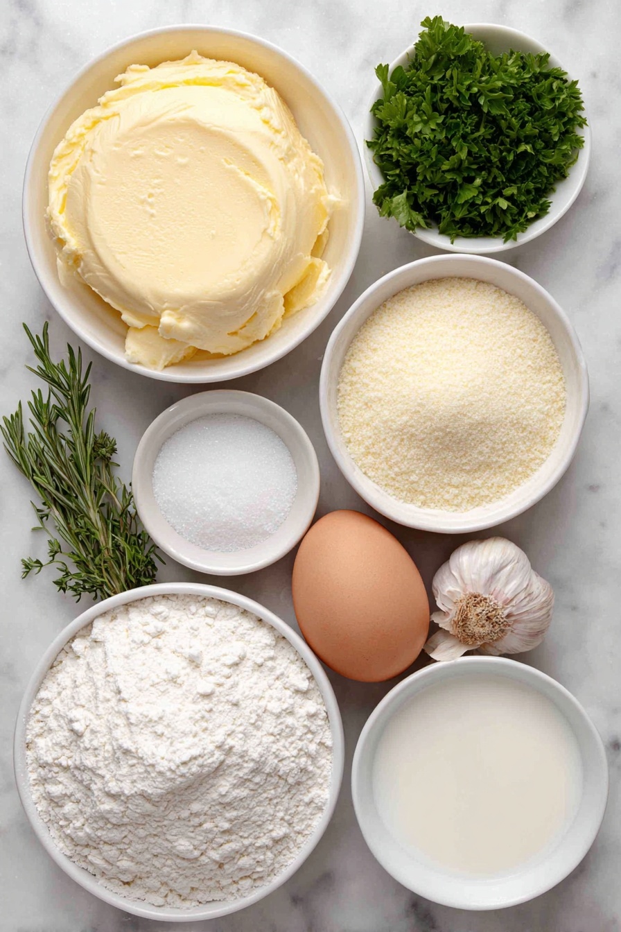 Flat lay of a small white ceramic bowl of creamy yellow butter, a small white ceramic bowl of whole milk, a small white ceramic bowl of clear water, a neat mound of white all-purpose flour dusted lightly with extra flour, a small white ceramic bowl of light tan instant potato flakes, a small white ceramic bowl of fine granulated sugar, a small white ceramic bowl of fine salt, a small white ceramic bowl of pale garlic powder, a few sprigs of fresh green rosemary, a small bunch of fresh chopped bright green parsley, one large whole egg with a clean shell, and two whole garlic cloves placed on a clean white marble surface, soft natural light, photo taken with an iPhone, professional food photography style, fresh ingredients, white ceramic bowls, no bottles, no duplicates, no utensils, no packaging --ar 2:3 --v 7 --p m7354615311229779997 - Garlic Herb Soft Dinner Rolls, savory bread rolls, fluffy dinner rolls, quick bread recipes, homemade dinner rolls