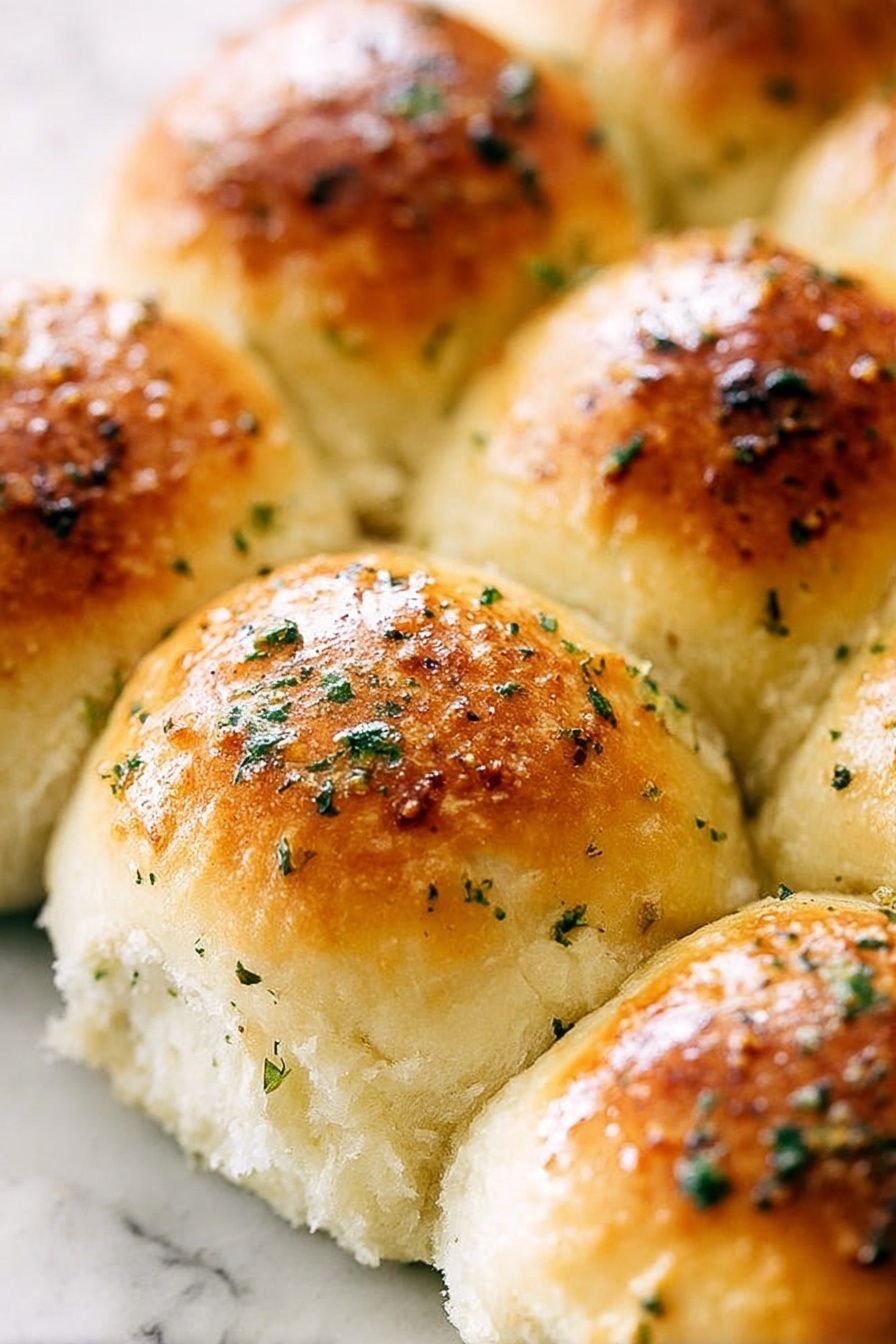 The image shows a close-up view of soft baked bread rolls arranged tightly together in one layer. Each roll has a round shape with a golden brown top that looks shiny and slightly crisp, sprinkled with small bits of green herbs. The sides of the rolls are pale and fluffy with a light texture visible. The rolls are placed on a surface with a white marbled texture that contrasts softly with the warm tones of the bread. photo taken with an iphone --ar 2:3 --v 7 - Garlic Herb Soft Dinner Rolls, savory bread rolls, fluffy dinner rolls, quick bread recipes, homemade dinner rolls