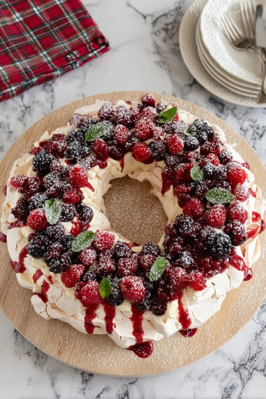 A round pavlova wreath on a light wooden board with two visible layers: the bottom layer is thick, white and fluffy meringue with a slightly cracked surface, shaped into a ring; the top layer is a mix of red raspberries, dark blackberries, and small green mint leaves scattered evenly over the meringue. There is a red berry sauce drizzled across the top, pooling slightly on the board, with a dusting of white powdered sugar covering the berries and meringue. The background is a white marbled surface with a couple of white plates with red plaid patterns and a silver fork visible in the upper right corner. Photo taken with an iphone --ar 2:3 --v 7 - Festive Christmas Pavlova Wreath, Christmas dessert ideas, holiday pavlova, Christmas fruit tart, holiday show-stopping desserts