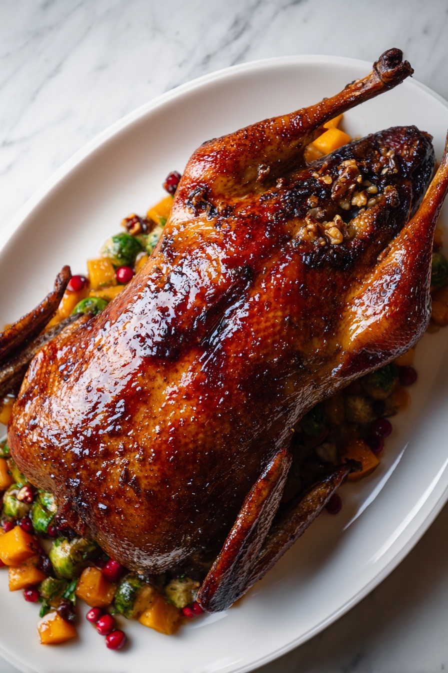 A whole roasted chicken with a shiny, deep golden-brown and slightly blackened skin is placed on a white plate. The chicken is stuffed with nuts and herbs, visible at the open cavity. Around the chicken, there is a colorful mix of roasted vegetables including orange cubes of squash, green Brussels sprouts, and some red berries scattered in between. The texture of the chicken skin looks crispy and glazed, contrasting with the soft, roasted vegetables surrounding it. The white marbled surface underneath adds a clean and bright background to the rich, warm colors. photo taken with an iphone --ar 2:3 --v 7 - Honey Balsamic Roast Duck, Roast Duck with Honey Balsamic Glaze, Crispy Roast Duck Recipe, Juicy Roast Duck, Elegant Duck Dinner