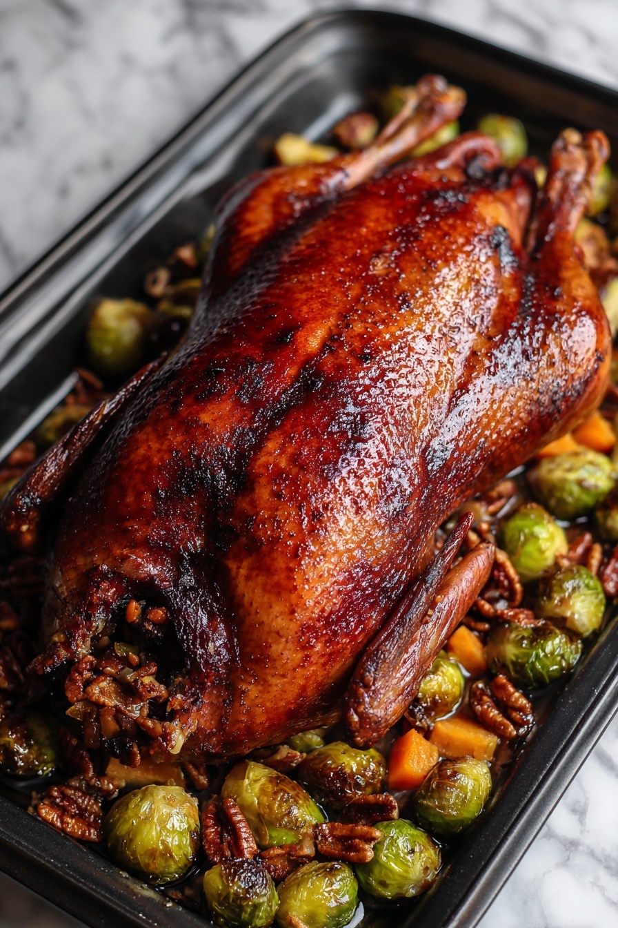 A whole roasted bird with a shiny, deep golden-brown and slightly charred skin, showing a crispy texture on the surface. The bird is stuffed and wrapped nicely, with pecans visible at the opening near the legs. It sits on a black tray surrounded by roasted brussels sprouts, pecans, and diced orange vegetables, all caramelized and slightly charred. The background is a white marbled texture. photo taken with an iphone --ar 2:3 --v 7 - Honey Balsamic Roast Duck, Roast Duck with Honey Balsamic Glaze, Crispy Roast Duck Recipe, Juicy Roast Duck, Elegant Duck Dinner