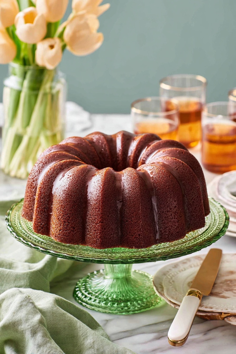 A large round bundt cake with a deep brown color sits on a green glass cake stand with a decorative base. The cake has a shiny glaze coating it, highlighting its ridged pattern. The setup is on a white marbled surface with a soft green cloth folded nearby. In the background, there is a clear vase holding three beige tulip flowers and two glasses filled with an amber-colored drink. A white-handled gold knife is placed beside the cake stand. Photo taken with an iphone --ar 2:3 --v 7 - Moist Rum Cake, boozy rum cake, easy rum cake recipe, moist cake with rum, best rum dessert