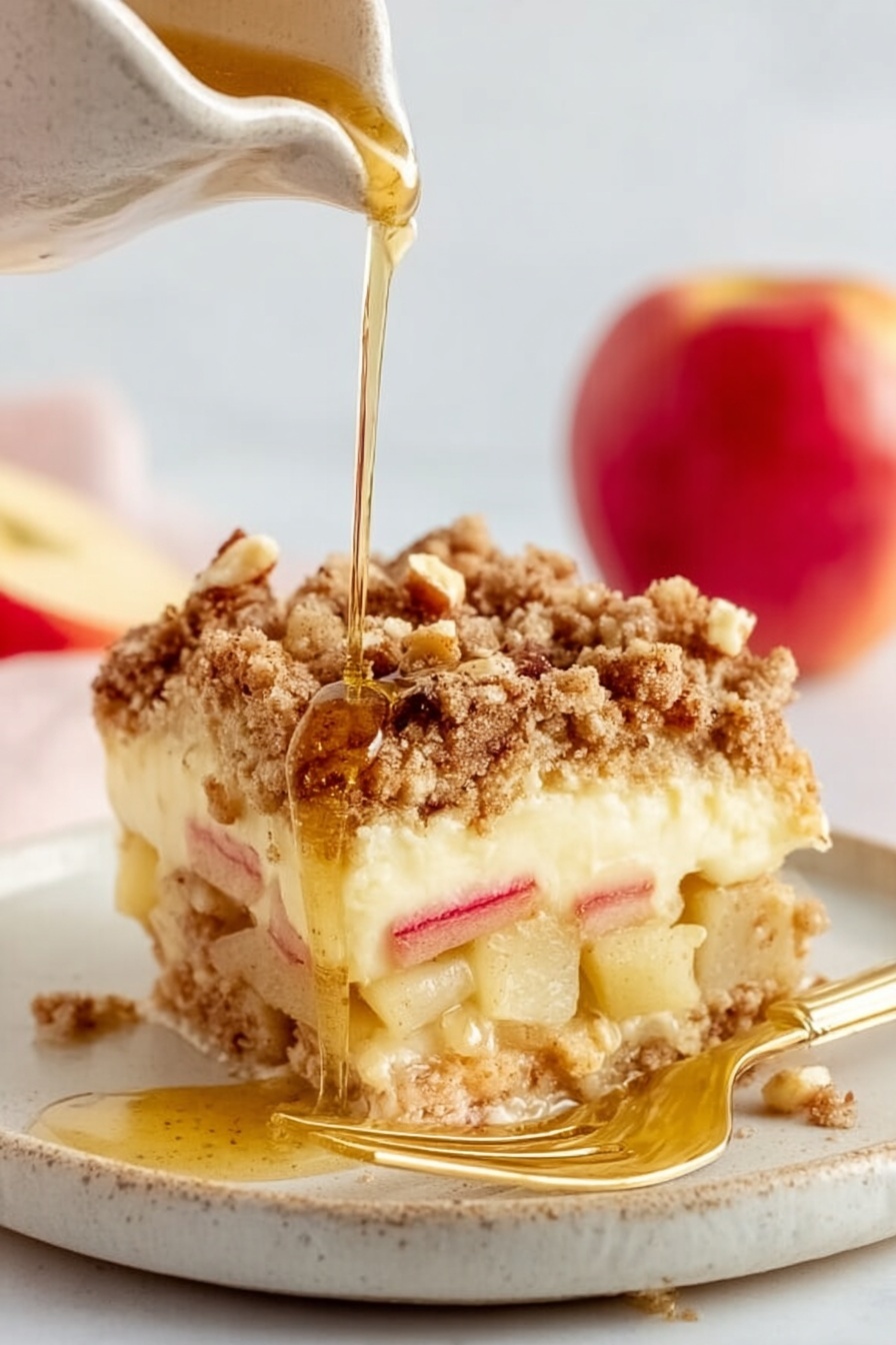 The image shows a piece of apple dessert on a small, white plate on a white marbled surface. The dessert has three visible layers: the bottom layer consists of soft, light yellow baked apple chunks mixed with a creamy custard base; the middle layer is a thick, smooth creamy custard filling with some pink apple pieces visible; the top layer is a textured brown crumb topping with small nut pieces. A golden syrup is being poured over the dessert, creating a glossy shine. A gold fork rests on the plate beside the dessert, and a whole apple blurred in the background adds warmth to the scene. A woman's hand is about to lift the fork. photo taken with an iphone --ar 2:3 --v 7 - Perfect French Toast, French Toast Recipe, Best French Toast, Alton Brown French Toast, Easy French Toast