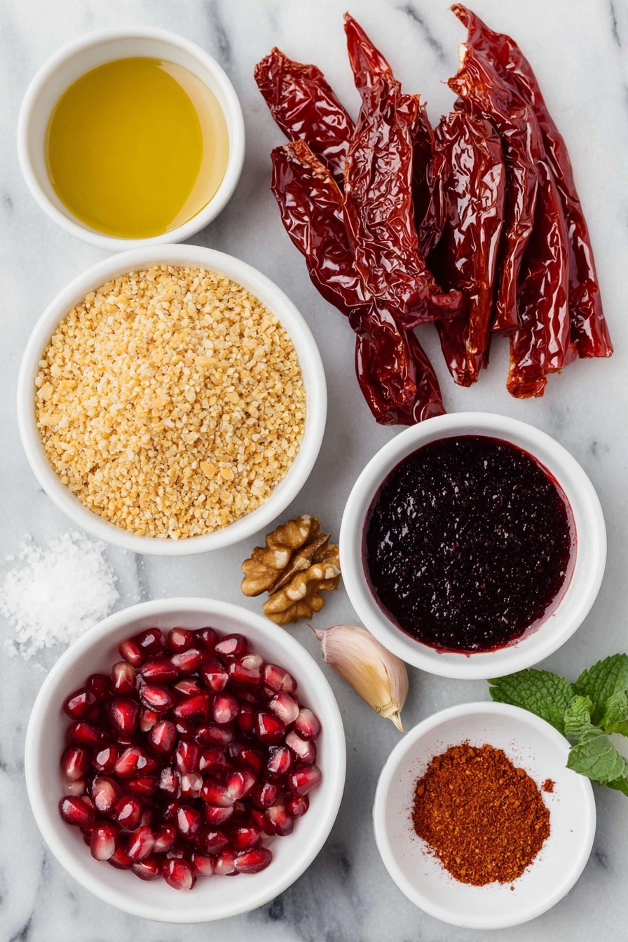 Flat lay of a handful of fresh, torn roasted red bell peppers, a small pile of whole walnuts, a small white ceramic bowl filled with fine golden-brown toasted breadcrumbs, a single uncracked brown garlic clove, a small white ceramic bowl of golden extra virgin olive oil, a small white ceramic bowl of deep ruby-red pomegranate molasses, a small white ceramic bowl with freshly squeezed lemon juice, a small white ceramic bowl containing bright red Aleppo pepper flakes, a small white ceramic bowl with light brown ground cumin powder, a few grains of coarse kosher salt scattered neatly, a small handful of fresh green mint leaves, and a scattering of jewel-like pomegranate seeds, all arranged in perfect symmetry on a clean white marble surface, soft natural light, photo taken with an iPhone, professional food photography style, fresh ingredients, white ceramic bowls, no bottles, no duplicates, no utensils, no packaging --ar 2:3 --v 7 --p m7354615311229779997 - Muhammara Roasted Red Pepper Walnut Dip, roasted red pepper dip, Mediterranean dip recipes, easy party dips, flavorful appetizer ideas
