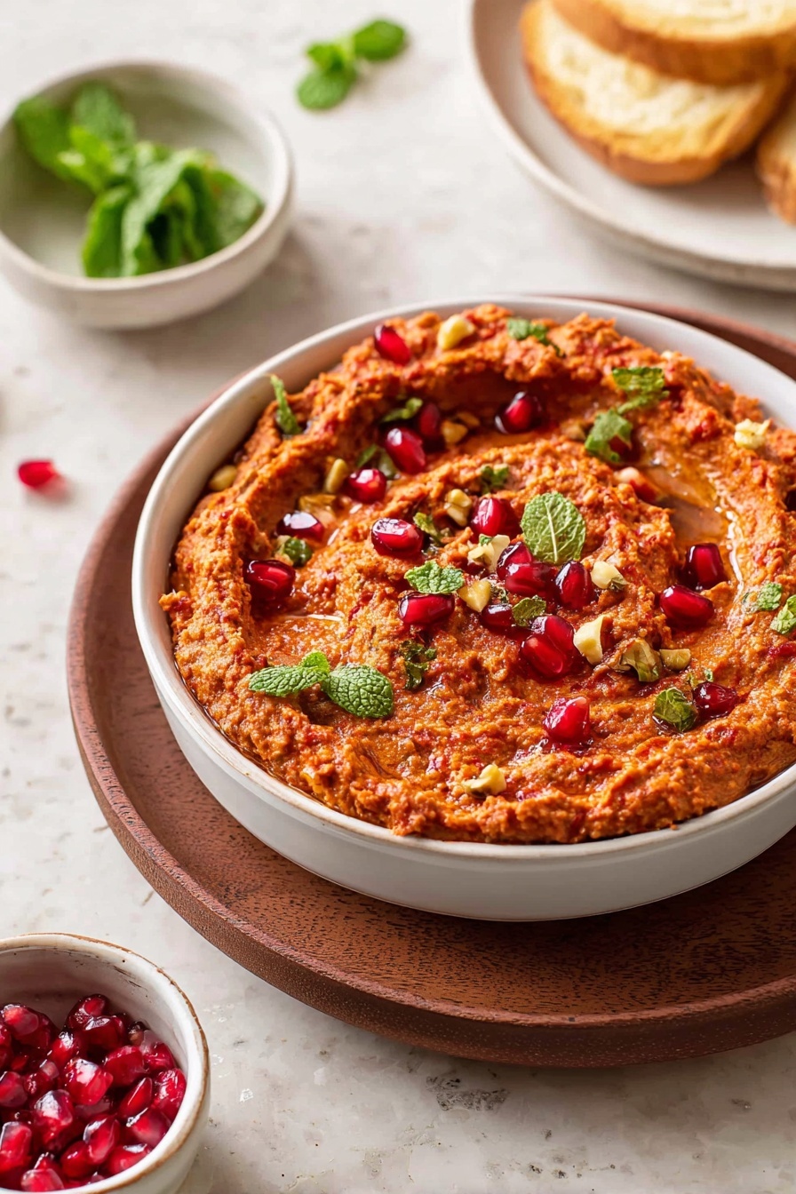 A white bowl filled with a thick, reddish-orange spread that has a coarse texture, swirled gently on top. Scattered over the spread are small bright red pomegranate seeds, green mint leaves, and small bits of light brown nuts. The bowl sits on a dark wooden plate placed on a white marbled surface. Nearby, there are two small white bowls, one with fresh green mint leaves and the other with more pomegranate seeds. In the background, pieces of light brown bread rest on a white plate. Photo taken with an iphone --ar 2:3 --v 7 - Muhammara Roasted Red Pepper Walnut Dip, roasted red pepper dip, Mediterranean dip recipes, easy party dips, flavorful appetizer ideas