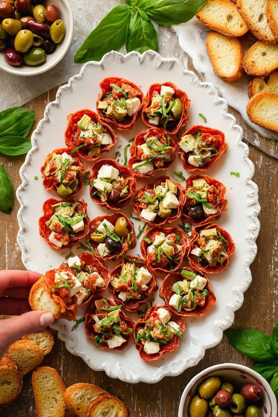 On a white scalloped plate, there are about 24 small appetizer cups made of crispy, curled pepperoni as the base layer. Each cup is filled with chopped artichoke hearts, small white mozzarella cheese chunks, sliced green olives, and tiny pieces of roasted red peppers, all mixed together with green herb garnishes sprinkled on top. The plate sits on a wooden surface with fresh green basil leaves around it. Small white bowls containing more chopped artichoke, green olives, and roasted red peppers are placed near the plate. Toasted white bread slices are arranged on a white plate and scattered beside the bowls and plate. A woman's hand is touching one of the appetizer cups near the bottom left of the image. Photo taken with an iphone --ar 2:3 --v 7 - Salami Antipasto Bites, antipasto appetizer, savory finger foods, easy party snacks, salty savory appetizers