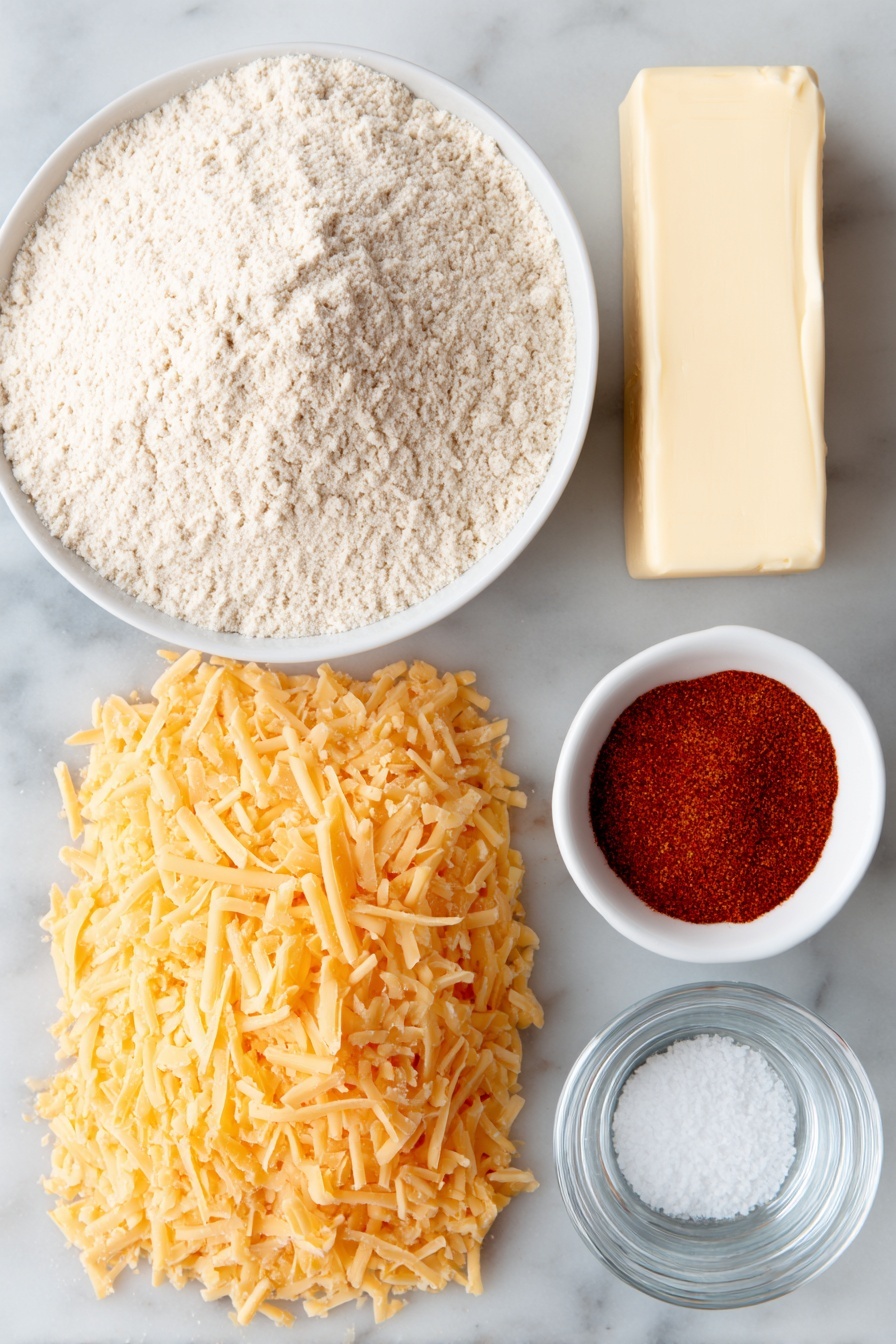 Flat lay of a simple white ceramic bowl filled with pale self-rising flour, a small white bowl containing vibrant red smoked paprika powder, a tiny white bowl with bright orange cayenne pepper powder, a small white bowl holding coarse kosher salt crystals, a neat pile of freshly grated sharp cheddar cheese with a rich orange hue, a stick of unsalted butter with a pale creamy color, and a few tablespoons of clear water in a small white bowl, all ingredients looking fresh and natural, perfectly arranged with balanced layout and symmetry, placed on a clean white marble surface, soft natural light, photo taken with an iPhone, professional food photography style, fresh ingredients, white ceramic bowls, no bottles, no duplicates, no utensils, no packaging --ar 2:3 --v 7 --p m7354615311229779997 - Cheese Strawssimple cheesy snack crispy cheesy snacks buttery cheese sticks
