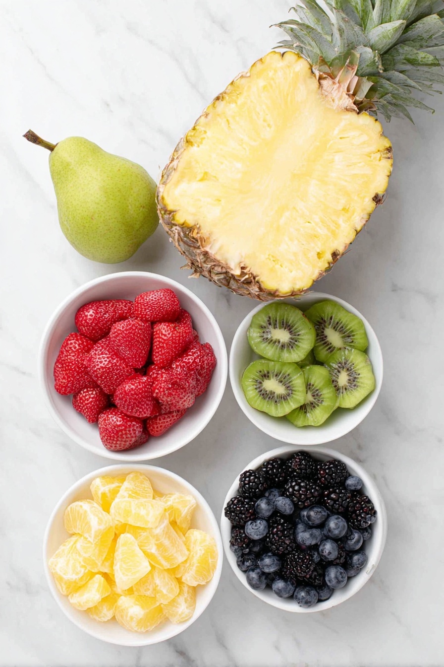 Flat lay of a whole fresh pineapple with top and bottom cut off revealing bright yellow flesh, a ripe green pear standing upright with smooth skin, a small cluster of shiny green grapes, a handful of plump blackberries, a small pile of vibrant red strawberries both whole and halved, three kiwi fruits sliced into green star shapes with black seeds, peeled and segmented bright orange clementines arranged neatly, a small heap of fresh deep blue blueberries, and a few sprigs of bright green mint leaves, all displayed on simple white ceramic bowls and plates in perfect symmetry, placed on a clean white marble surface, soft natural light, photo taken with an iPhone, professional food photography style, fresh ingredients, white ceramic bowls, no bottles, no duplicates, no utensils, no packaging --ar 2:3 --v 7 --p m7354615311229779997 - Festive Fruit Christmas Tree, healthy holiday snack, Christmas fruit centerpiece, easy holiday fruit arrangement, colorful Christmas fruit display