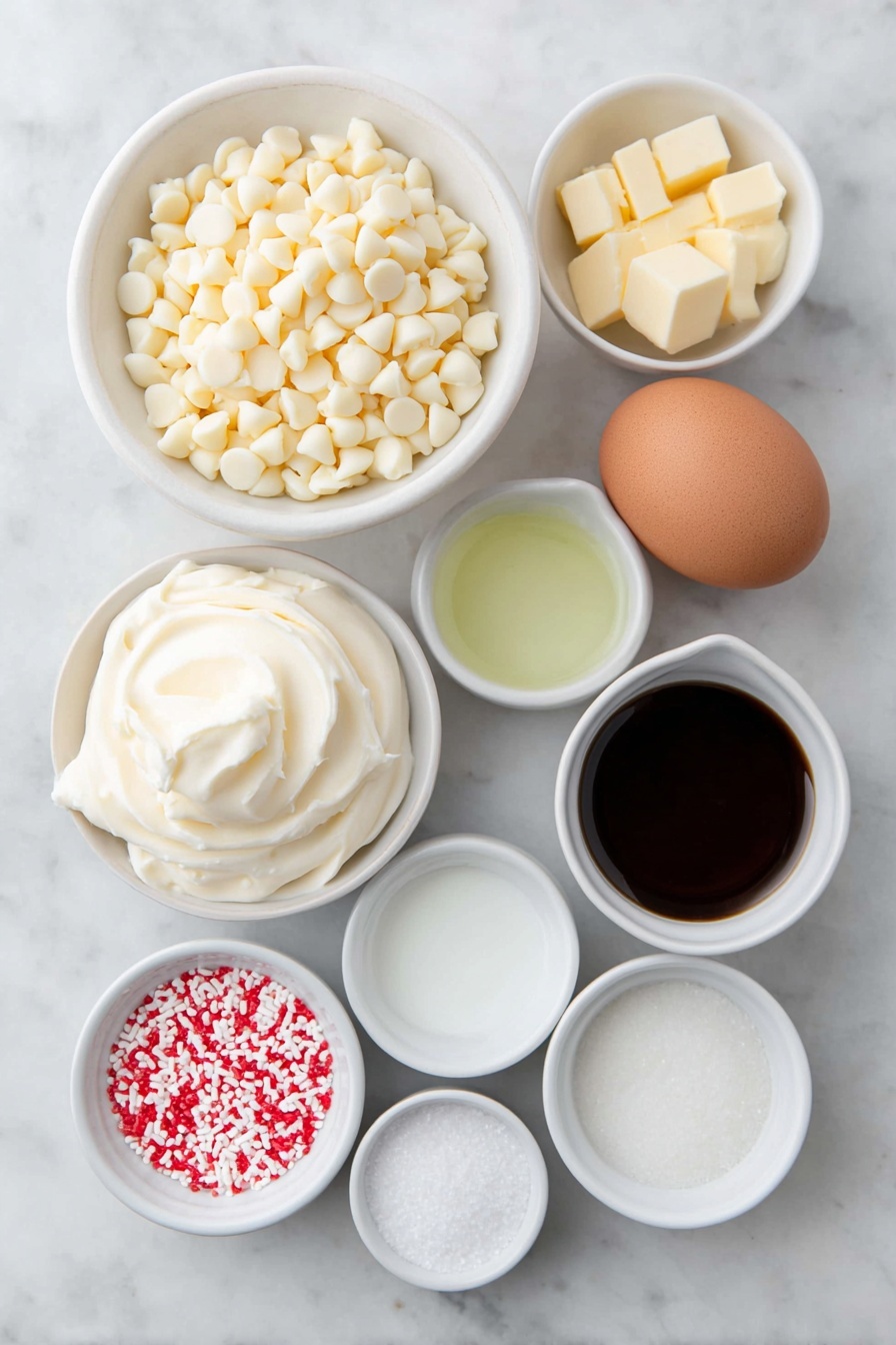 Flat lay of a small white ceramic bowl filled with white chocolate chips, a dollop of smooth marshmallow cream next to it on a simple white ceramic plate, a small white bowl with golden melted butter cubes, a small white bowl of granulated white sugar, a small white bowl with thick evaporated milk, a tiny white dish containing bright green gel food coloring, a small white bowl with shiny red heart sprinkles, a whole uncracked brown egg resting beside a small white ramekin holding clear vanilla extract, arranged in perfect symmetry on a clean white marble surface, soft natural light, photo taken with an iPhone, professional food photography style, fresh ingredients, white ceramic bowls, no bottles, no duplicates, no utensils, no packaging --ar 2:3 --v 7 --p m7354615311229779997 - Grinch Fudge, White Chocolate Grinch Fudge, Green Christmas Fudge, Holiday Treats, Festive Fudge Recipe