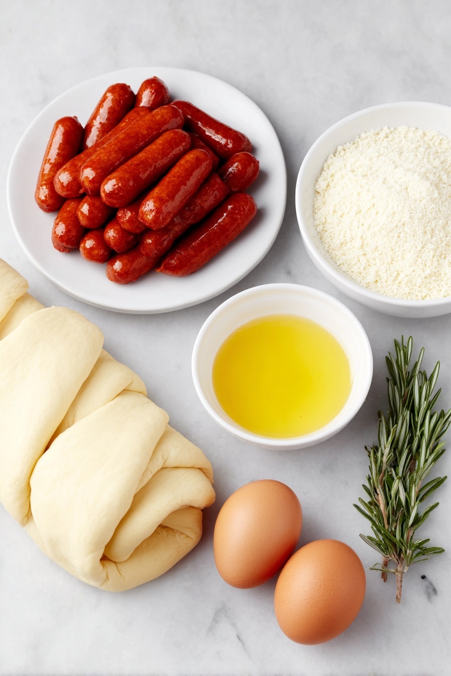 Flat lay of fresh crescent roll dough unrolled on a white ceramic plate, a pile of glossy cocktail sausages arranged neatly on a simple white ceramic dish, a small white bowl filled with melted golden butter mixed with minced garlic, a few sprigs of fresh rosemary placed beside a small white bowl holding a coarse blend of Everything Bagel Seasoning, and two whole uncracked brown eggs in a white ceramic bowl, all elements evenly spaced and perfectly symmetrical, placed on a clean white marble surface, soft natural light, photo taken with an iPhone, professional food photography style, fresh ingredients, white ceramic bowls, no bottles, no duplicates, no utensils, no packaging --ar 2:3 --v 7 --p m7354615311229779997 - Pigs in a Blanket Wreath, holiday appetizer ideas, festive party snacks, easy appetizer recipes, appetizer wreath